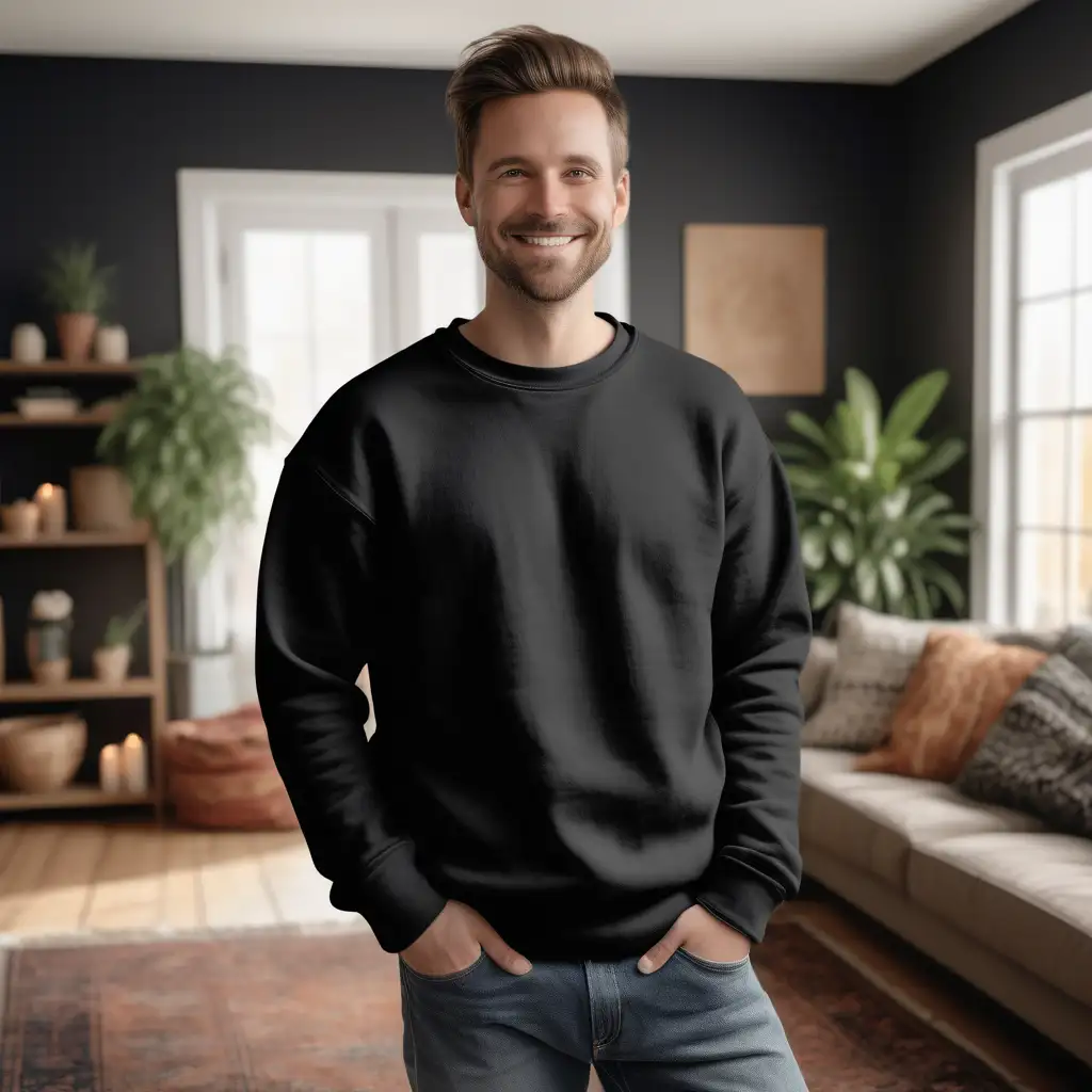 a photorealistic photo mockup of a gently smiling 30 year old lbgtq manl wearing a blank black,
over-sized Gildan 18000 sweatshirt , and jeans in front of an indoor  themed
boho style home living Room scene. professional photography composition, f9.0. --ar 5:4 -
-s 750 --style raw -
