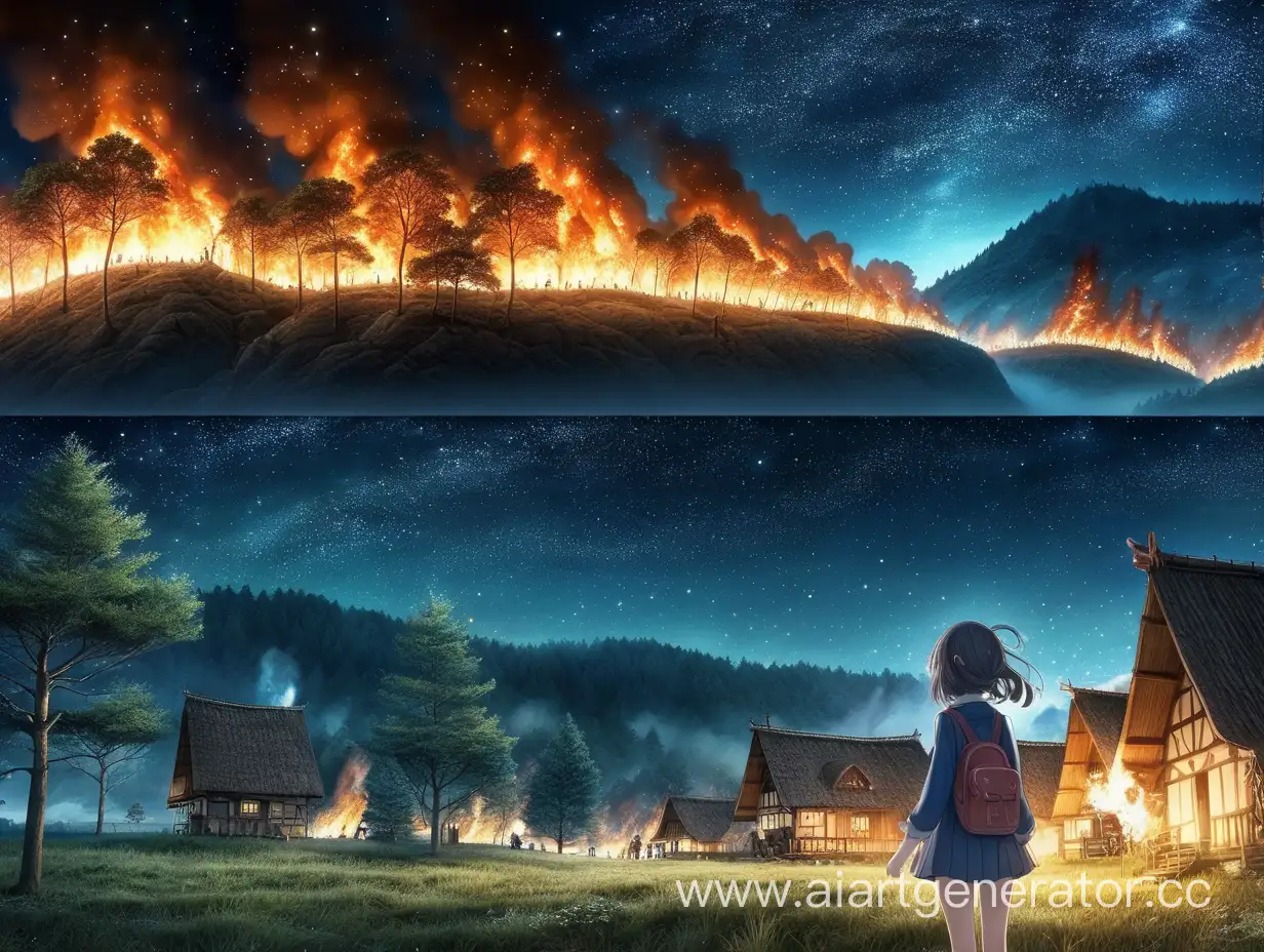 #Anime. #Fantasy. A girl looks at how her village is burning. There is a forest around her. There is a starry sky above it.