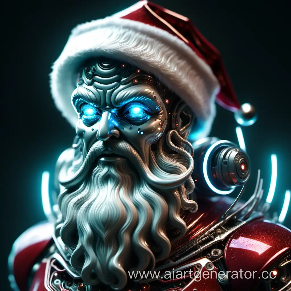 An awe-inspiring alien cyborg Santa stands as the focus of attention in this breathtaking image. Its metallic exterior gleams with a futuristic finish, while intricate circuitry pulsates beneath its translucent skin. The Santa's eyes, ablaze with ethereal luminescence, hint at its otherworldly origins. This captivating portrayal, rendered in stunning detail through a digital painting, flawlessly combines the mythical grace of a Santa with the cutting-edge technology of a cyborg, evoking a sense of wonder and curiosity within the viewer.