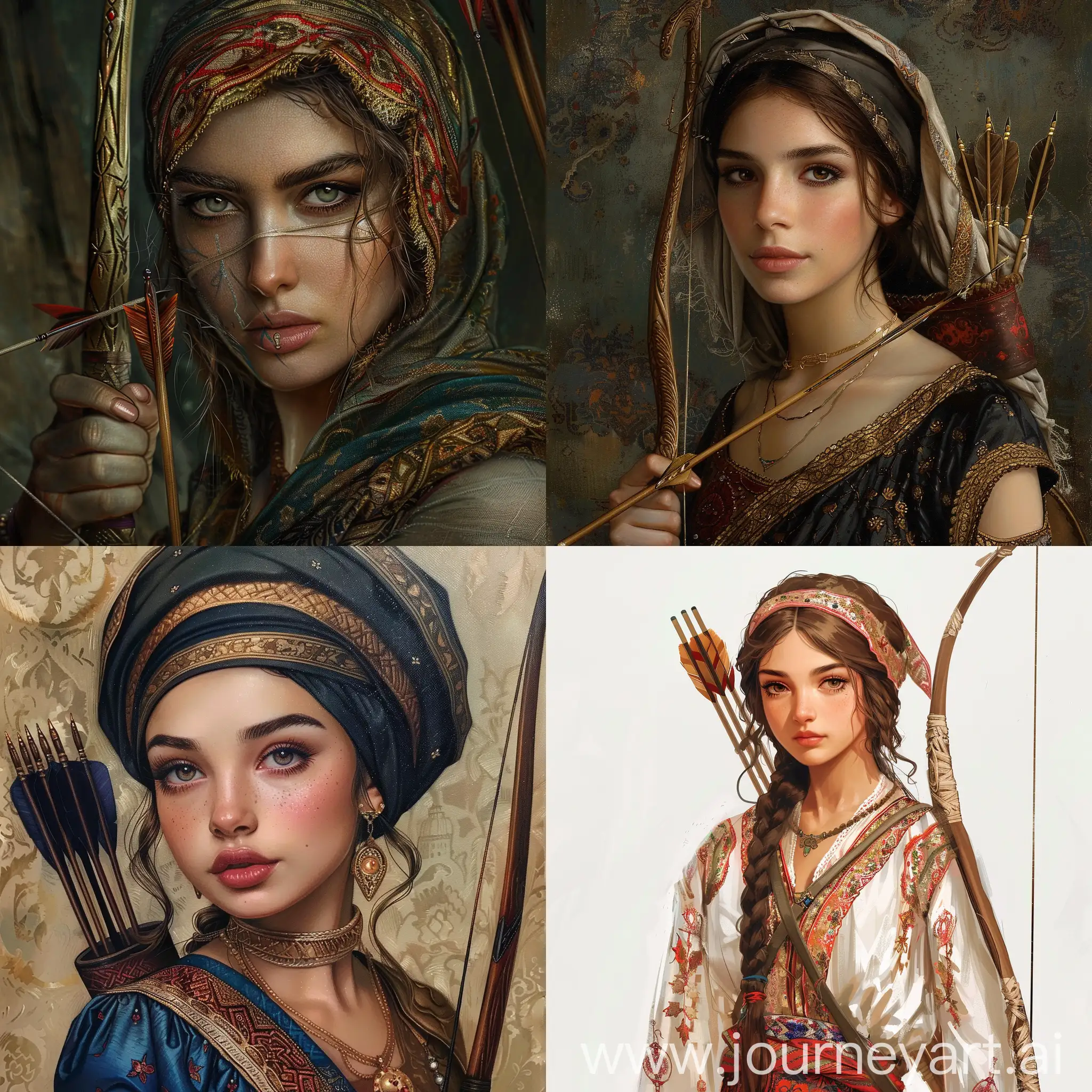 Ottoman girl with arrow , realistic 