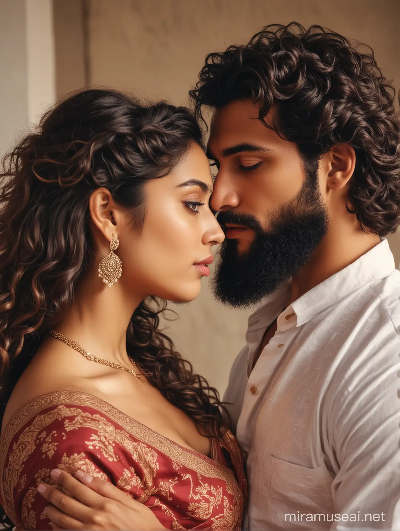 two intimate lovers,   european handsome mAn, most handsome european man with indian features, elegant and arrogant looks, alfa male, fashionable beard,  beard, alfa male, most beautiful indian girl, elegant saree look, curly long hair, touching her fore head to chest  with emotion, low cut back
photo realistic, 4k.