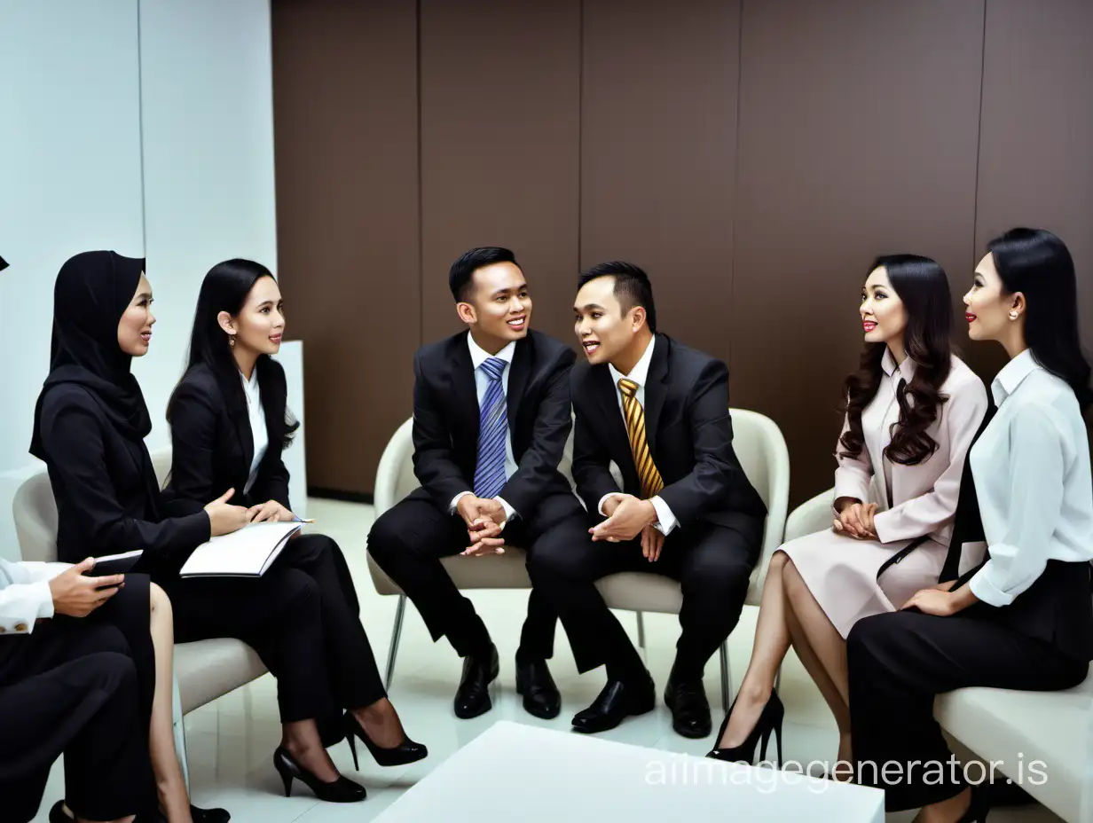 two Bruneian men and eight Bruneian women having a formal discussion in a corporate setting. 