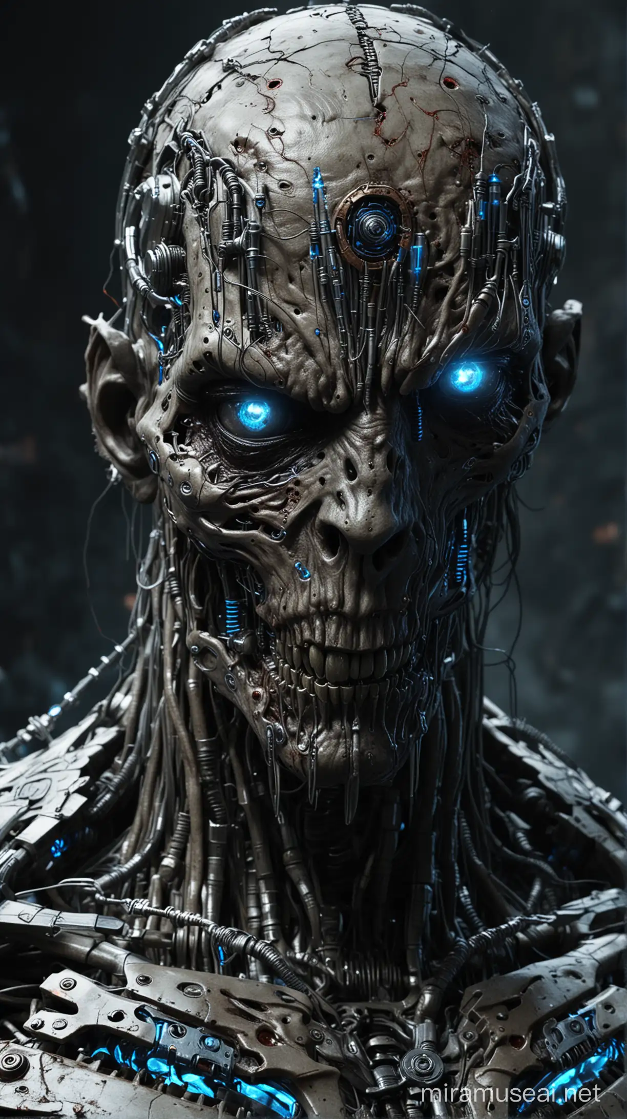 A cybernetically enhanced zombie with glowing blue eyes and metallic claws, gory details and exposed wires, intense close-up shot with a dark, futuristic background. High-definition rendering with intricate mechanical components and eerie, otherworldly aura.