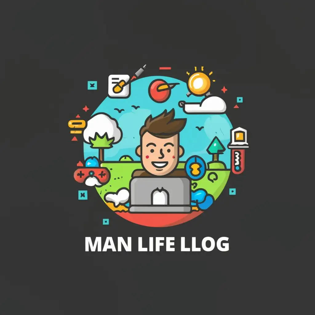 logo, a man with all daily tasks, with nature, game, technology, programming and all., with the text "man life log", typography