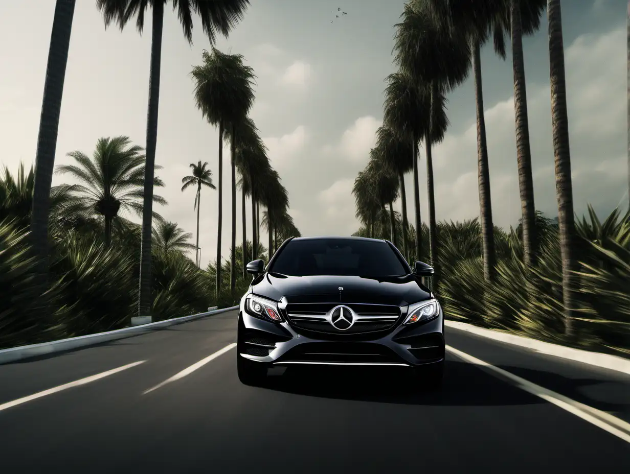 Luxurious Black C300 Driving on New Roads with Towering Palm Trees