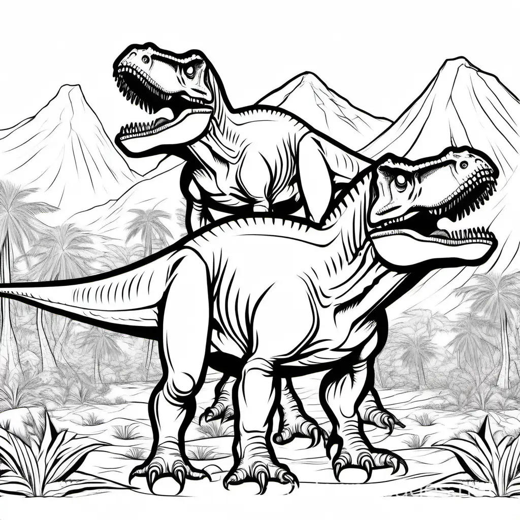 Tyrannosaurus Rex Dinosaur group, only line drawing without color, Coloring Page, black and white, line art, white background, Simplicity, Ample White Space. The background of the coloring page is plain white to make it easy for young children to color within the lines. The outlines of all the subjects are easy to distinguish, making it simple for kids to color without too much difficulty