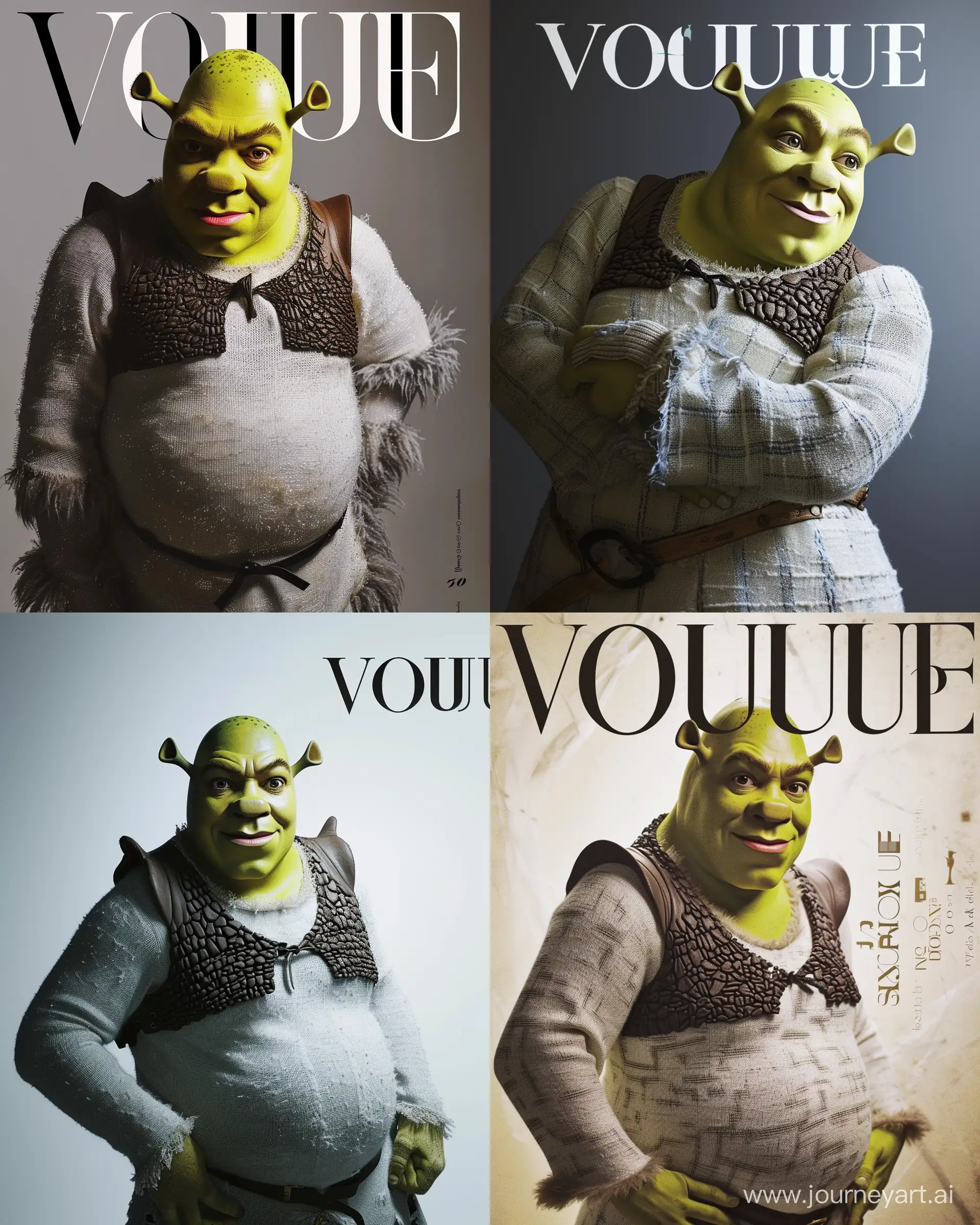 Experience the allure of high fashion with a jaw-dropping "Vogue" cover shot by the talented Miles Aldridge. This visually stunning image showcases a striking  Shrek . Shot with the Zeiss Otus 85mm f/1.4 lens, this photo offers exceptional sharpness and detail, allowing every intricate detail of the model's ensemble to shine. The raw style chosen adds a touch of authenticity, elevating the image to a new level of visual appeal. With a stylization level of 50, the image blends fashion and art, creating a truly unforgettable cover --ar 4:5 --style raw --stylize 50 --v 6.0