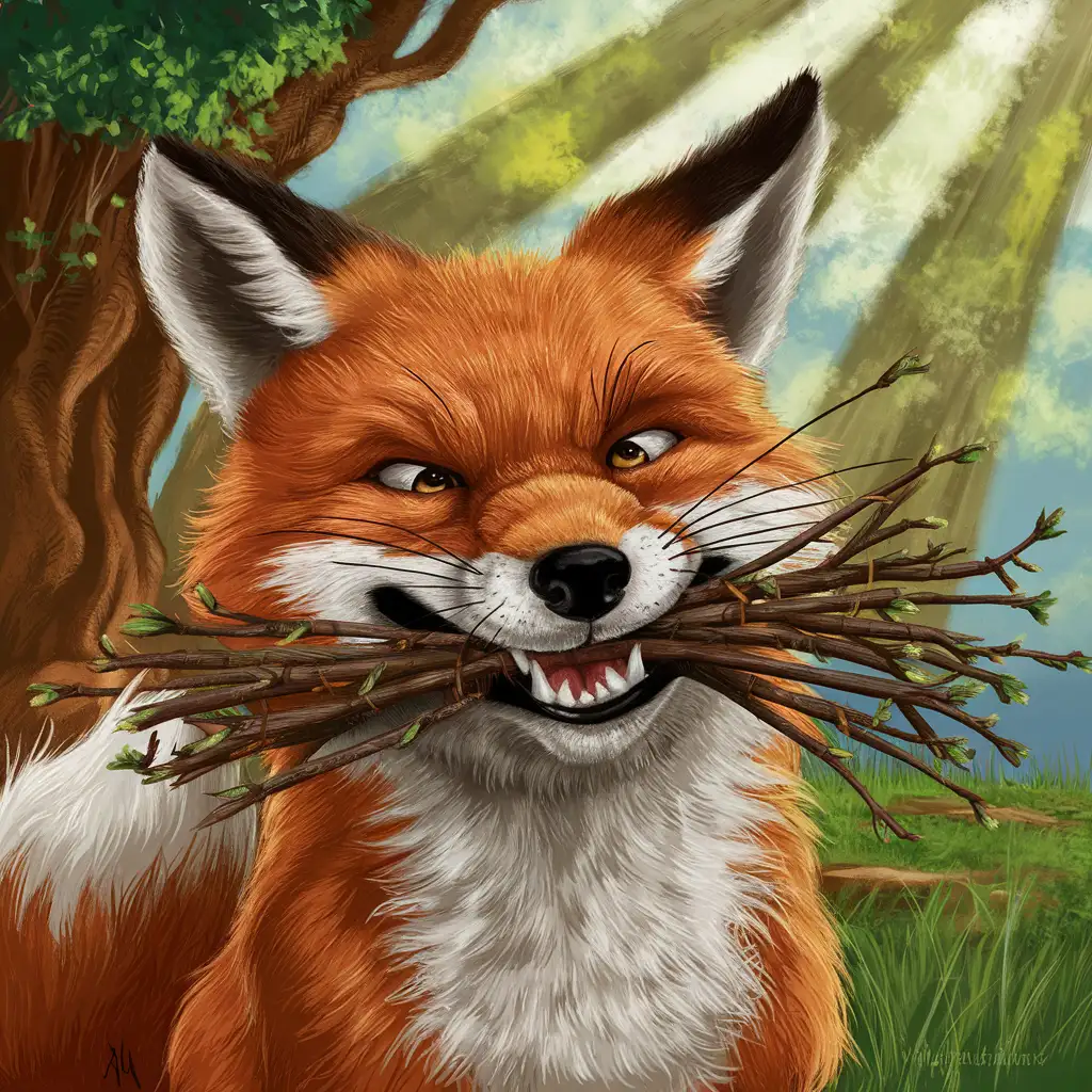 Cunning-Smiling-Badger-Chewing-Twigs-Wildlife-Artwork