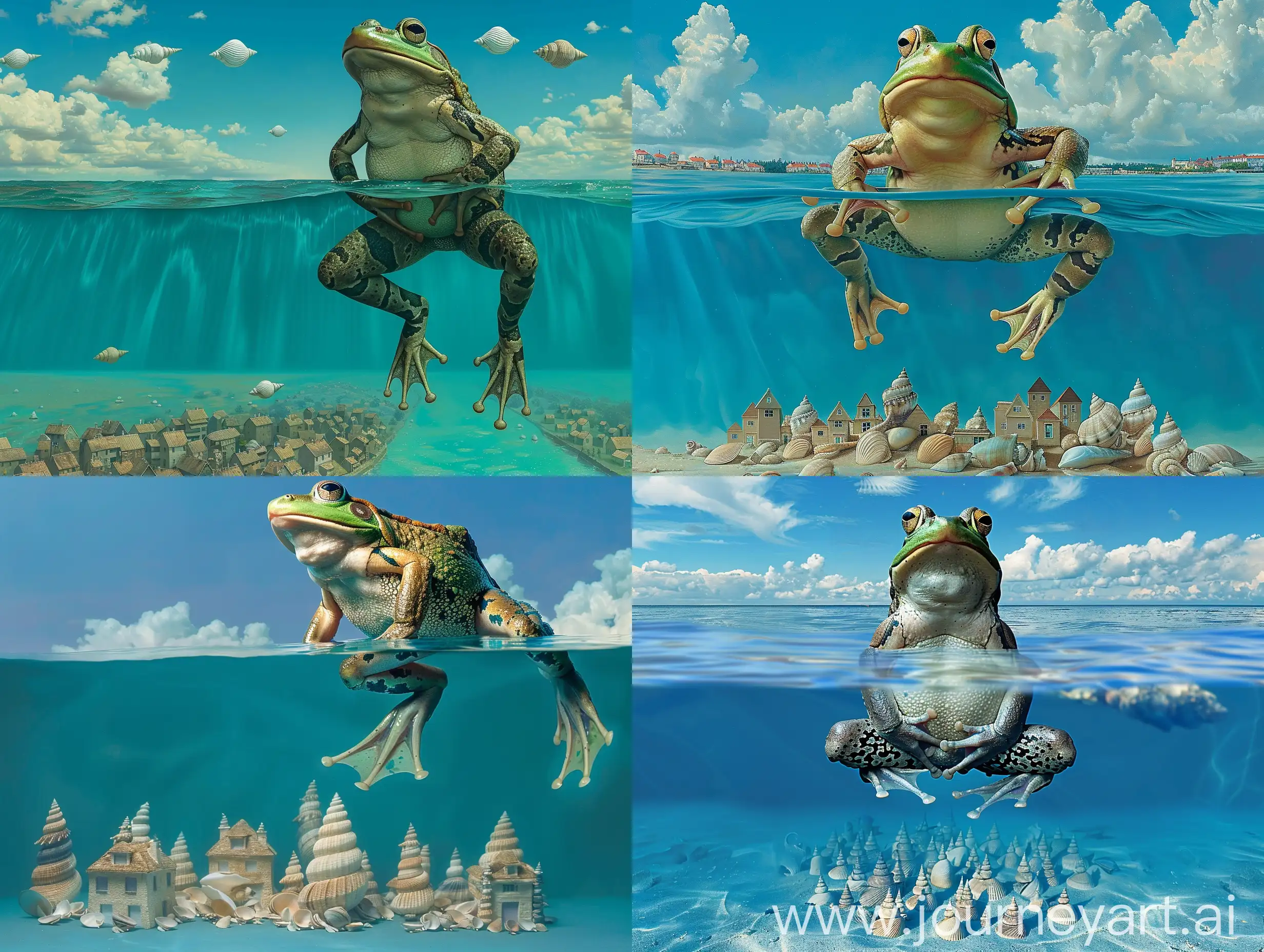 Underwater-Frog-Man-Surrounded-by-Shell-Cities