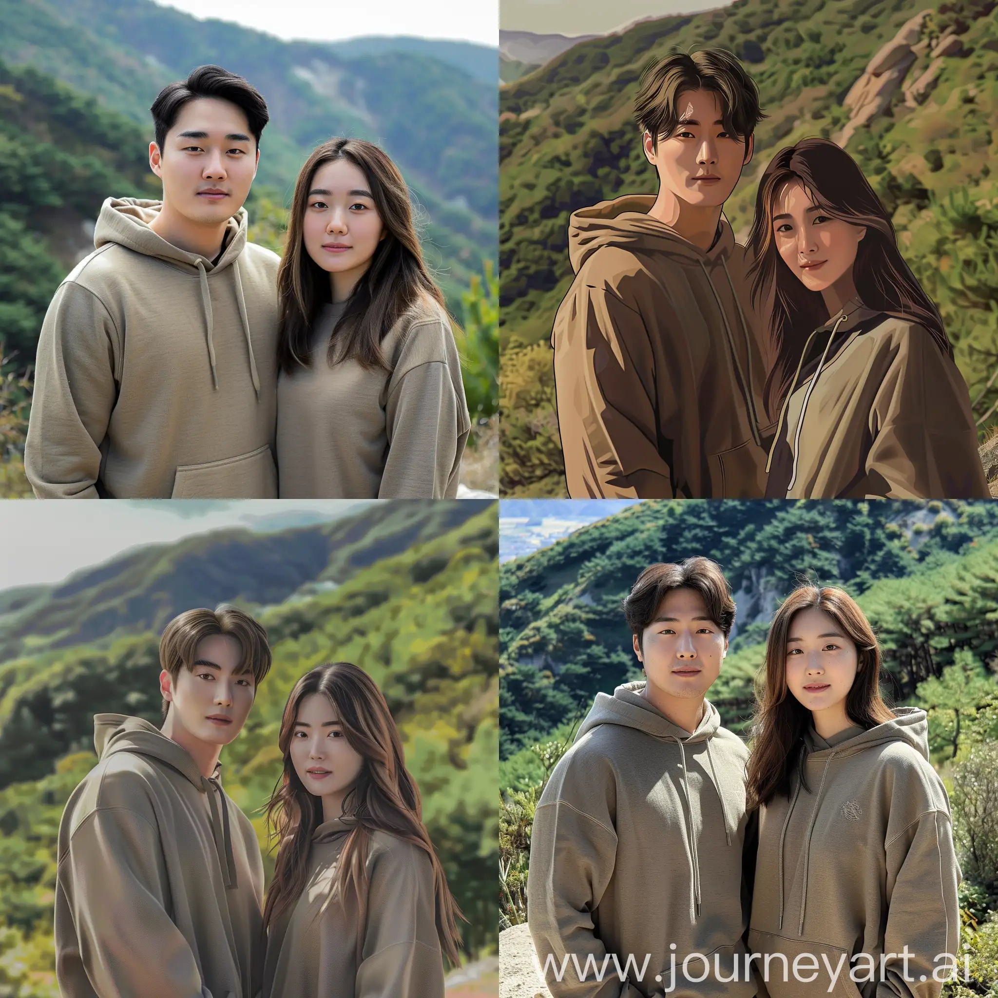A couple from Korea, the man is 35 years old and the woman is 32 years old. The man has a slightly slim body, while the woman is chubby. The man has straight and neat hair, and the woman has long shoulder-length hair. They are wearing hoodies and standing on a hill mountain, with a background of green mountain and trees, in realistic HD. 
