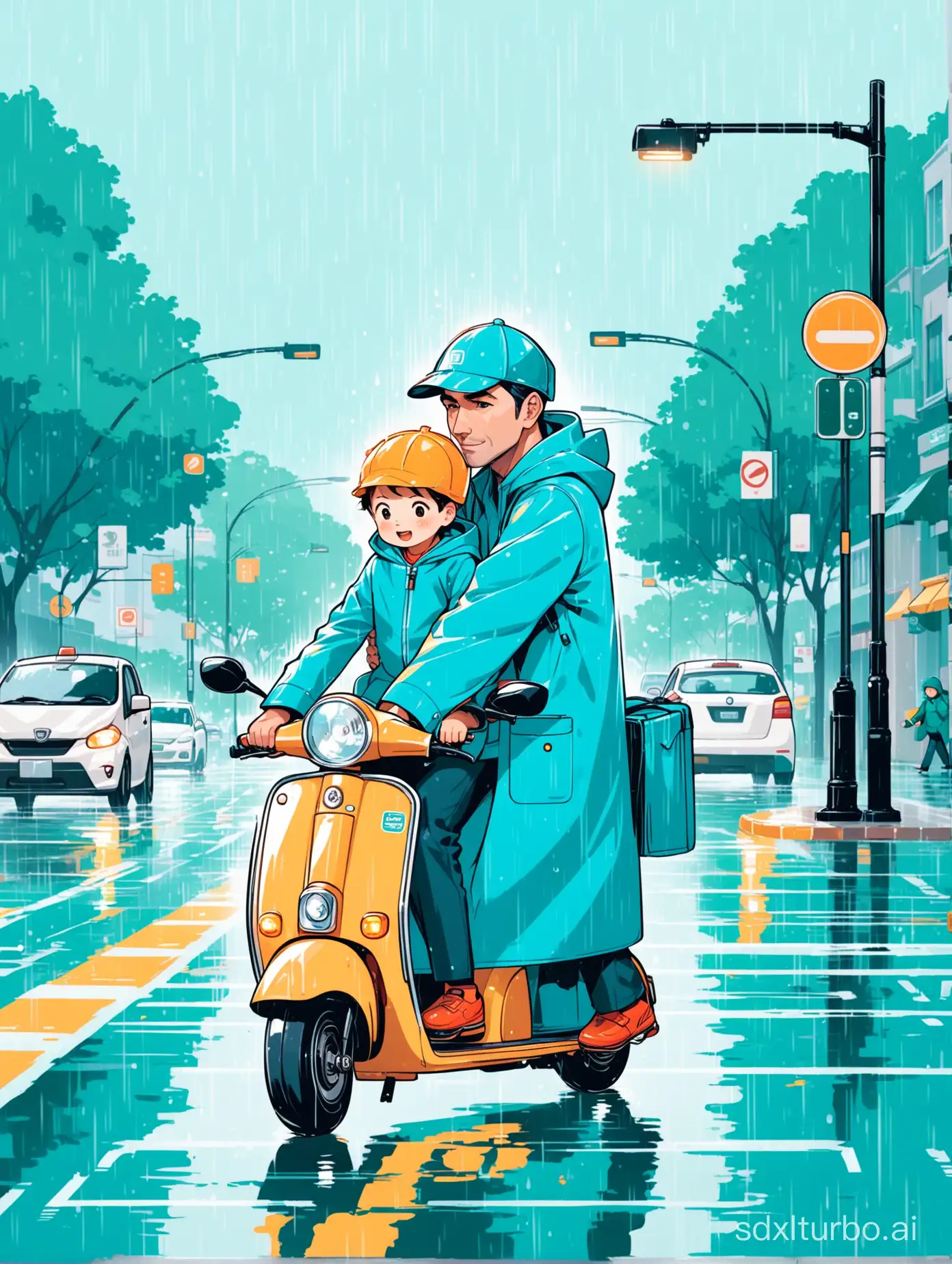 Cute flat illustration style, bright and soft colors, at the intersection on a rainy day, a deliveryman dad rides an electric scooter across the street, and the scooter carries a 3-year-old boy in a blue raincoat.