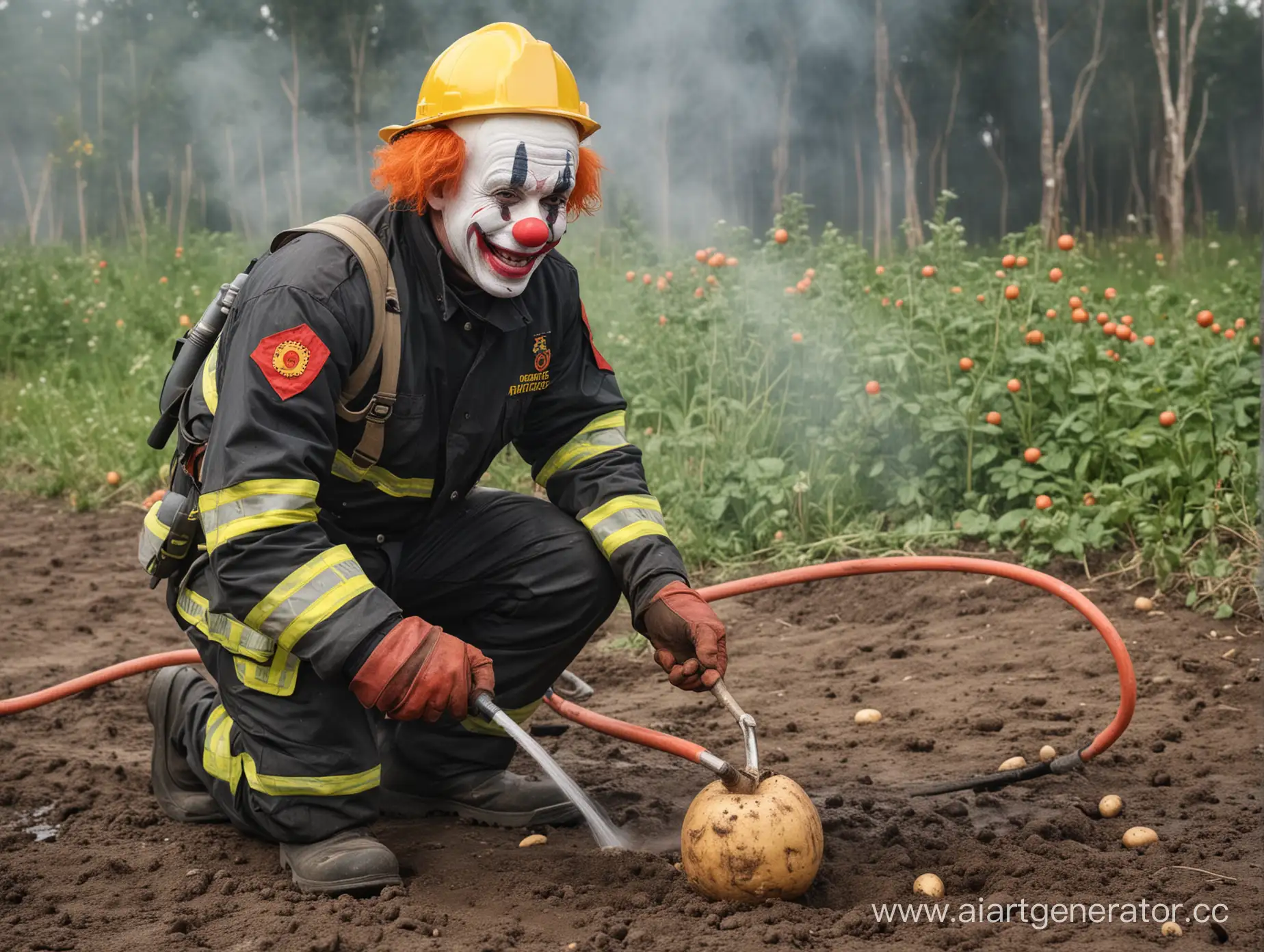 Пожарник с носом клоуна тушит из шланга кастрюлю с картошкой 