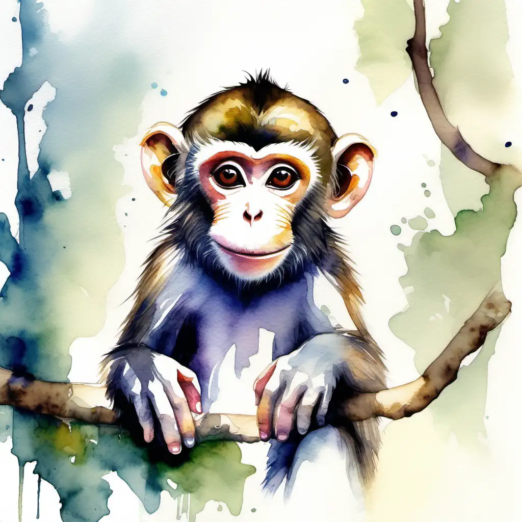 Enchanting Monkey Watercolor Painting on White Background