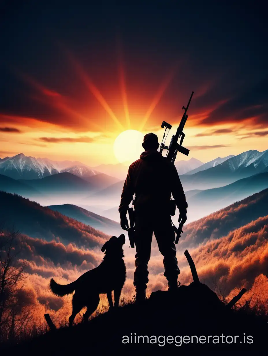 high definition,  forest scene, sunset, tense atmosthere, brave strong man hunter stands on the hill with hunter rifle,  dog near man. with mountains in distance,  bright colours, silhouette, with clear white background