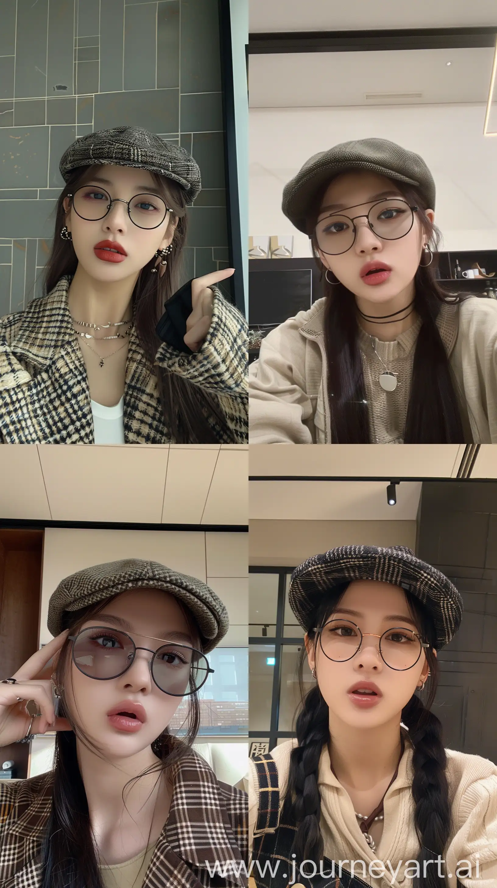 a blackpink's jennie, selfie, wearing simple clothes ,hotly, wearing stylish flat cap,black frame glasses, modern wall,modern stylish --ar 9:16