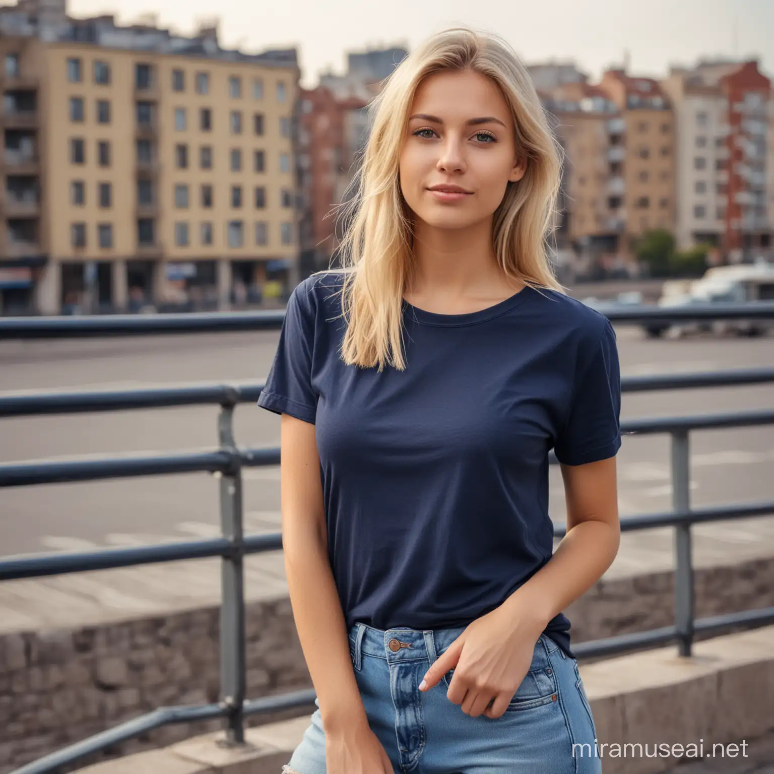 young blond women, wearing a Navy blue t-shirt, city  Background, plain shirt, 