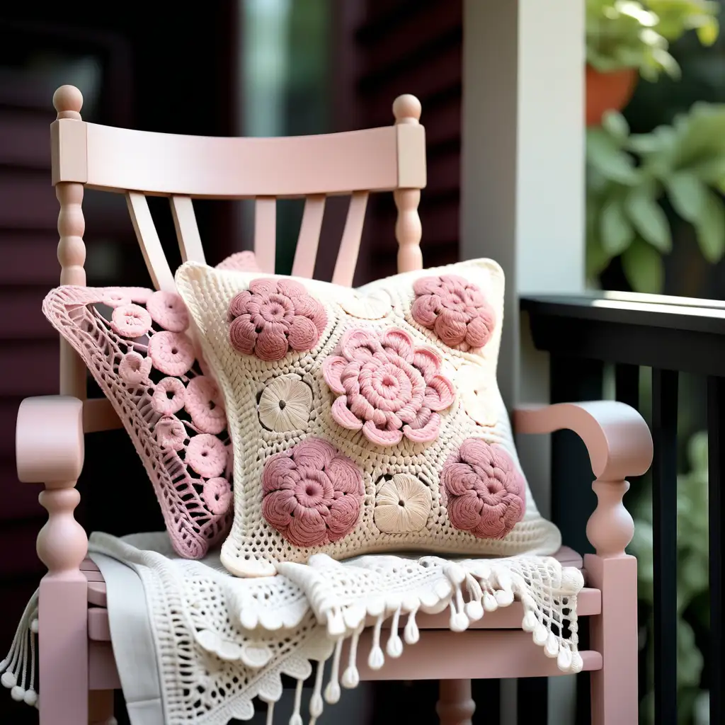 verandada ahşap koltuk üzerinde  dekoratif tığişi elörgüsü soft pembe renk  çiçekli yastık göster