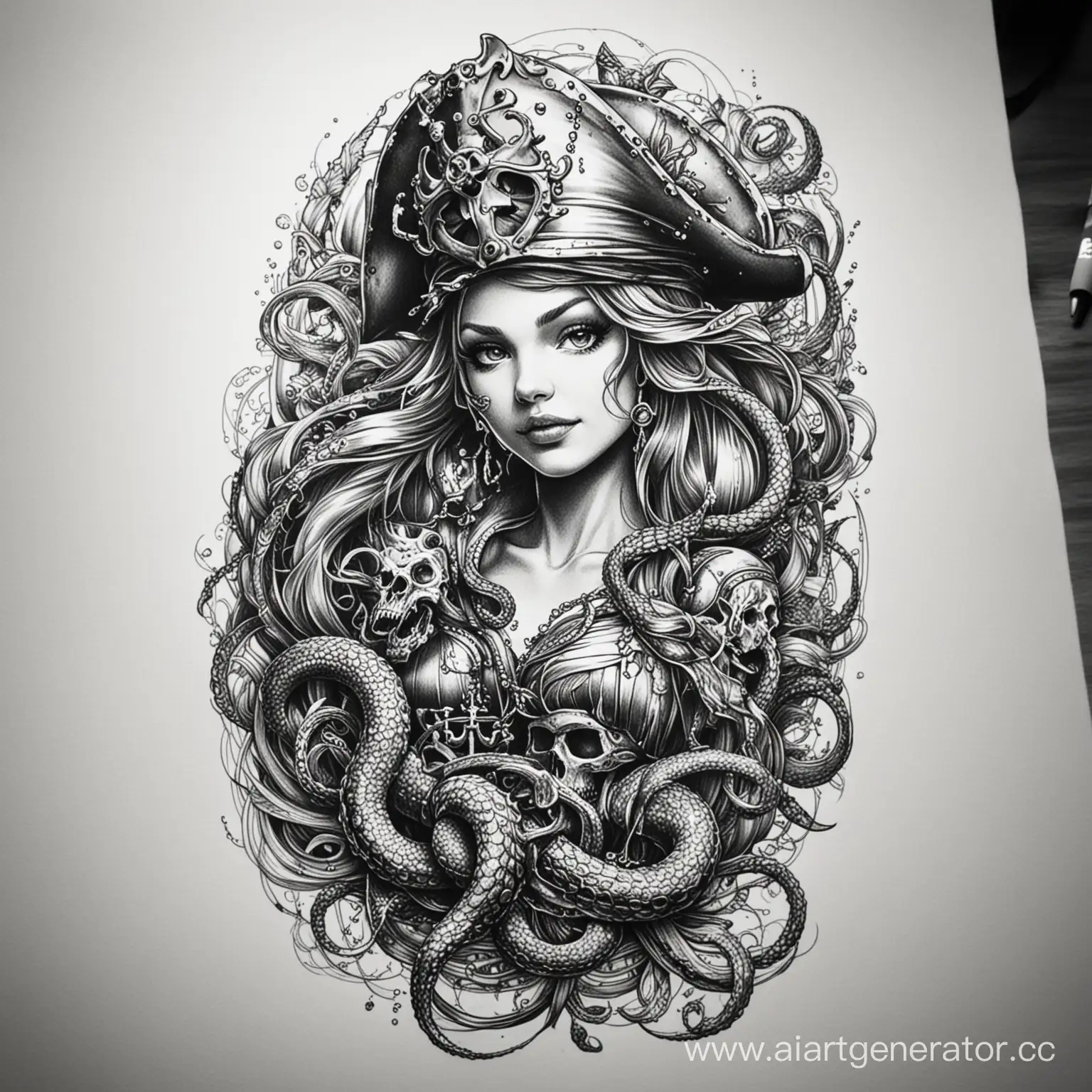 Sea-Pirates-Sketch-with-Mermaid-and-Treasure-Tentacle