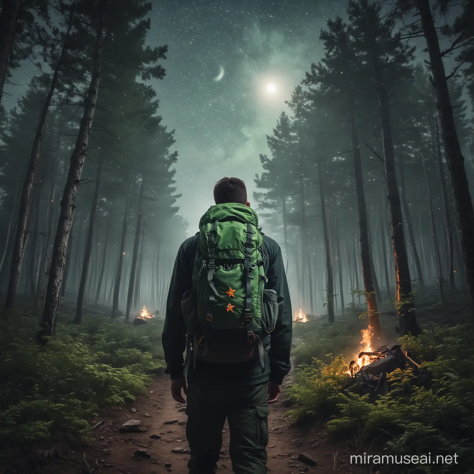 Hiker with Green Backpack Amidst Forest Campfire under Starlit Sky