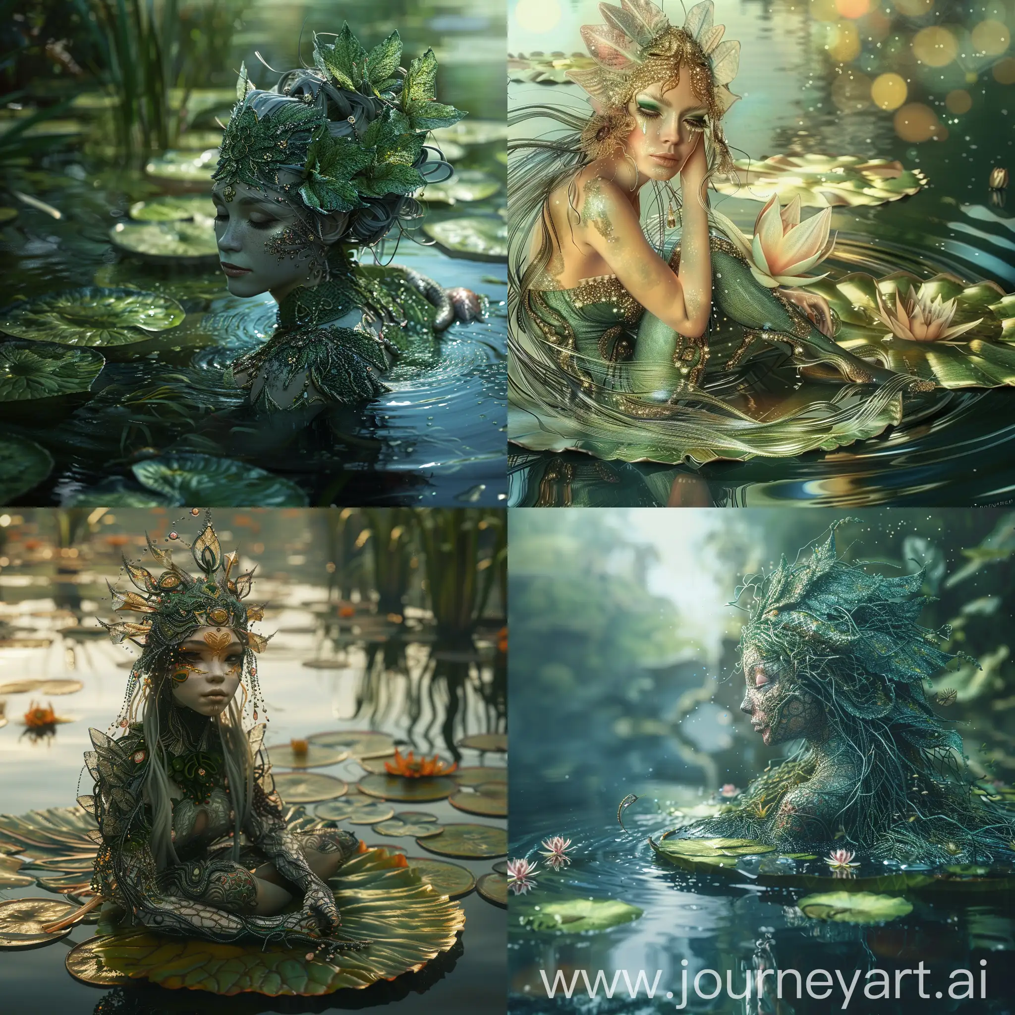 A highly detailed image of a beautiful water nymph with delicate facial features sitting on a lily pad in an enchanted lake. Beautiful magical mysterious fantasy surreal highly detailed --v 6 --ar 1:1 --no 6982