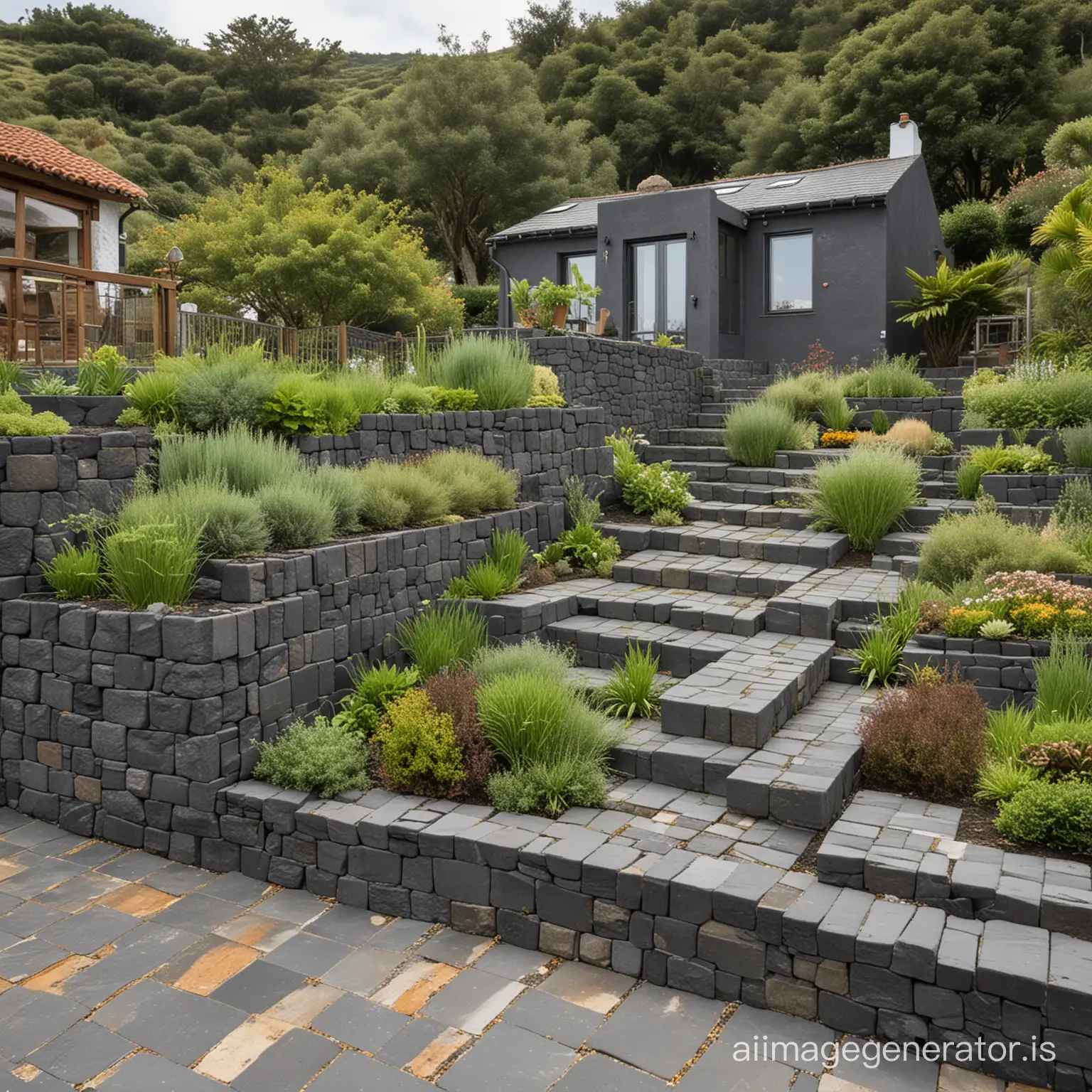 a dark grey basalt terraced herb garden near a small Azorean stone sea cottage with a terra cottage tile roof