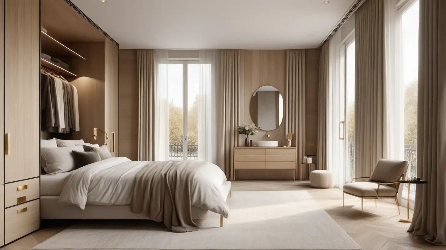 a Hyperrealistic image of a Modern Parisian open plan bedroom bathroom and walk-in closet; beige, light oak and brass colour palette; floor to ceiling windows with curtains;