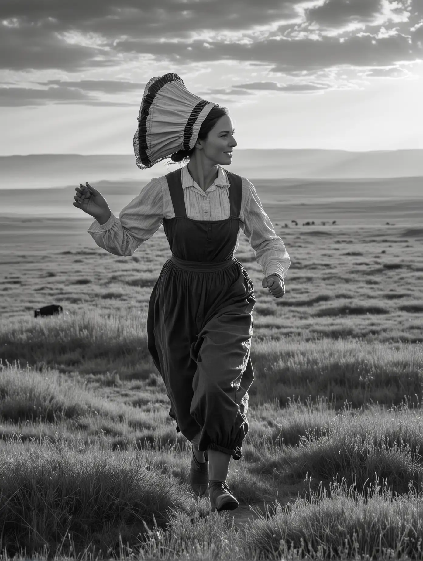 A woman runs through the open land of the prairie. She is a pioneer and wears a bonnet. There are buffalo in the background. She is seen from the side. She looks toward the light.  In black and white. 
