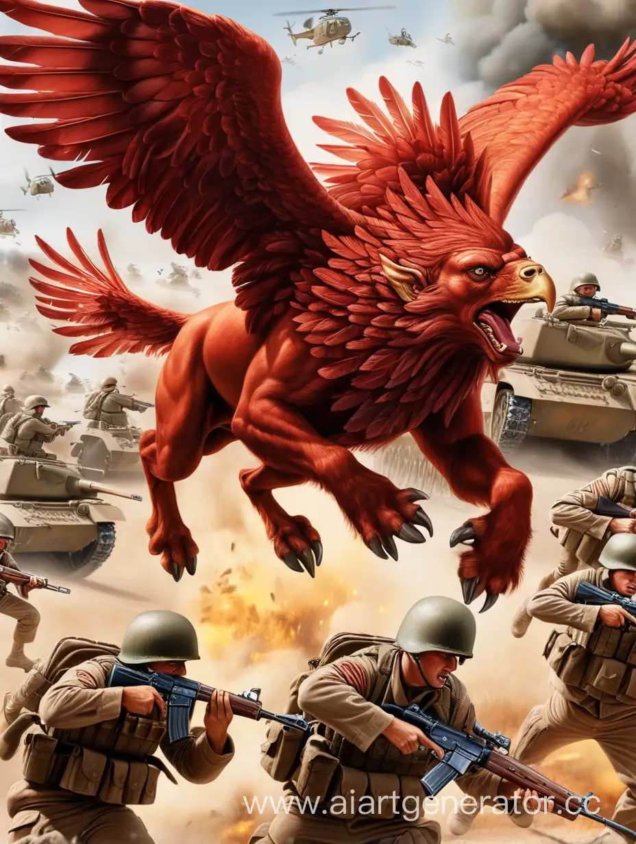 Красный Грифон летит в атаку вместе с солдатами с автоматами и танками 