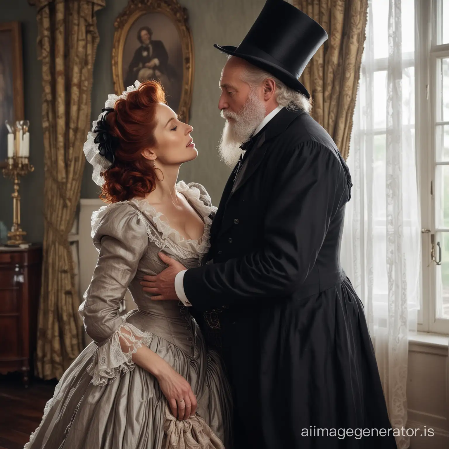 red hair Gillian Anderson wearing a dark brown floor-length loose billowing 1860 Victorian crinoline dress with a frilly bonnet kissing an old man dressed in a black Victorian suit who seems to be her newlywed husband