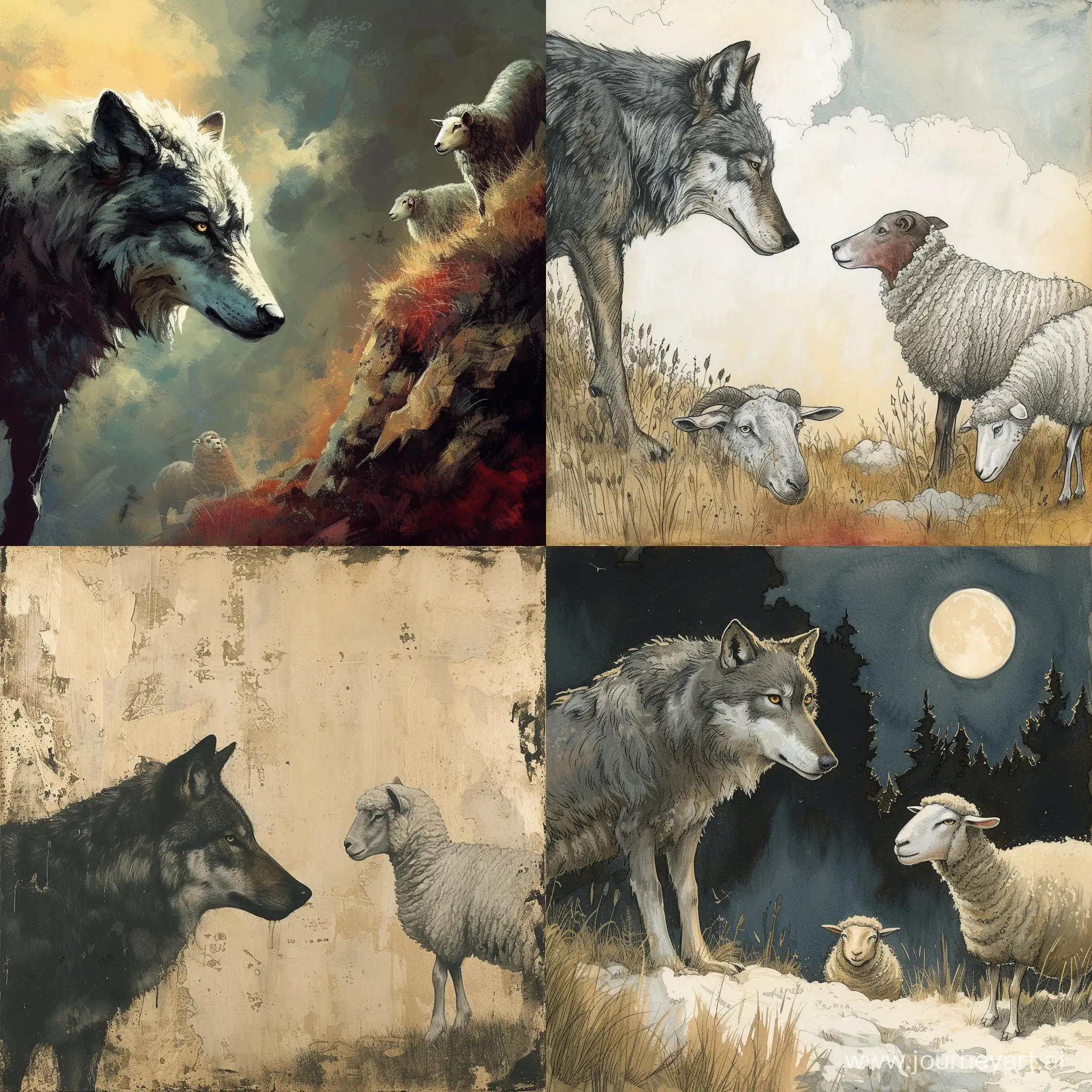 wolf and sheep at right side looks at wolf at left side