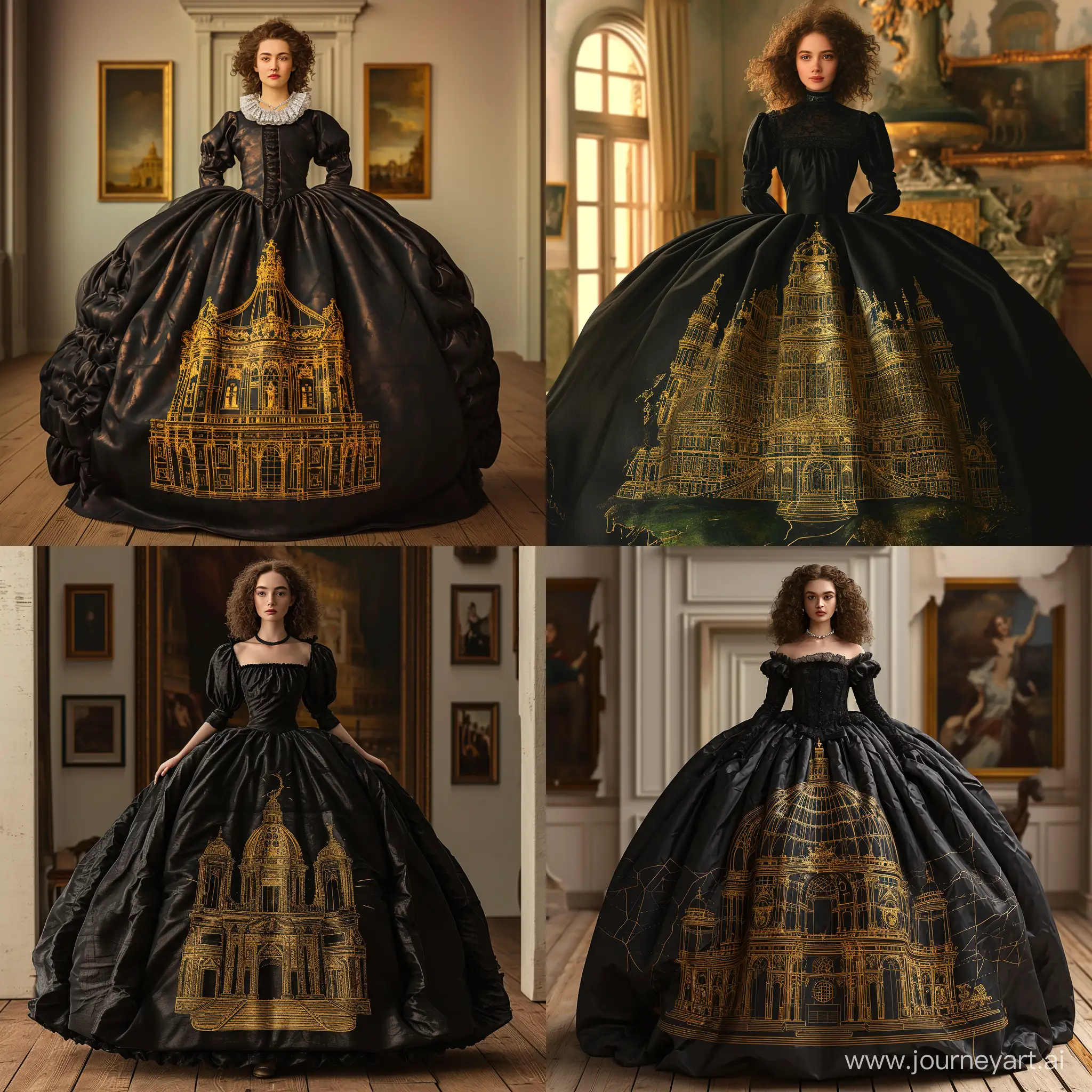 Elegant-Solo-Portrait-Brown-CurlyHaired-Beauty-in-18th-Century-Grand-Panier-Dress-with-Golden-Palace-Pattern