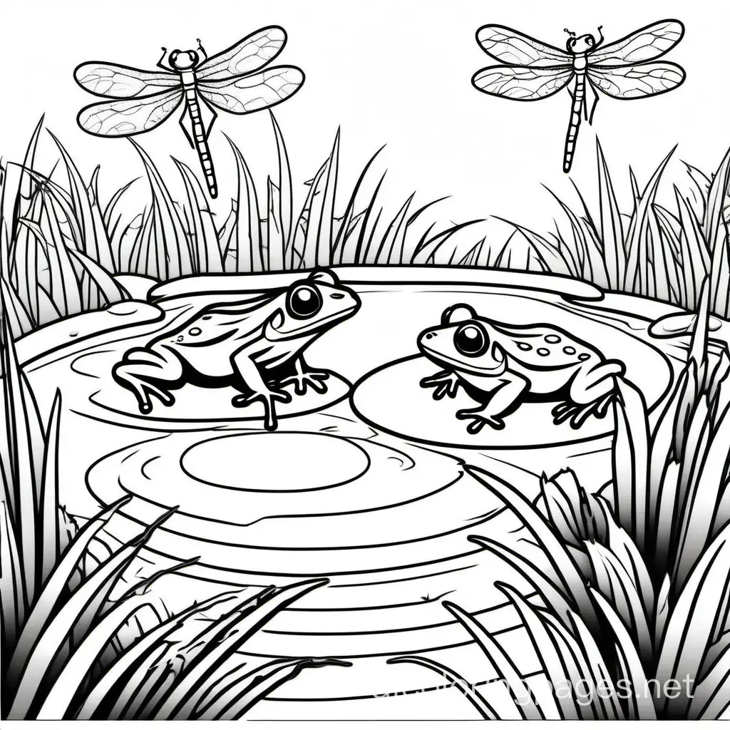 happy frogs in swamp dragonflies flying hot day, Coloring Page, black and white, line art, white background, Simplicity, Ample White Space. The background of the coloring page is plain white to make it easy for young children to color within the lines. The outlines of all the subjects are easy to distinguish, making it simple for kids to color without too much difficulty