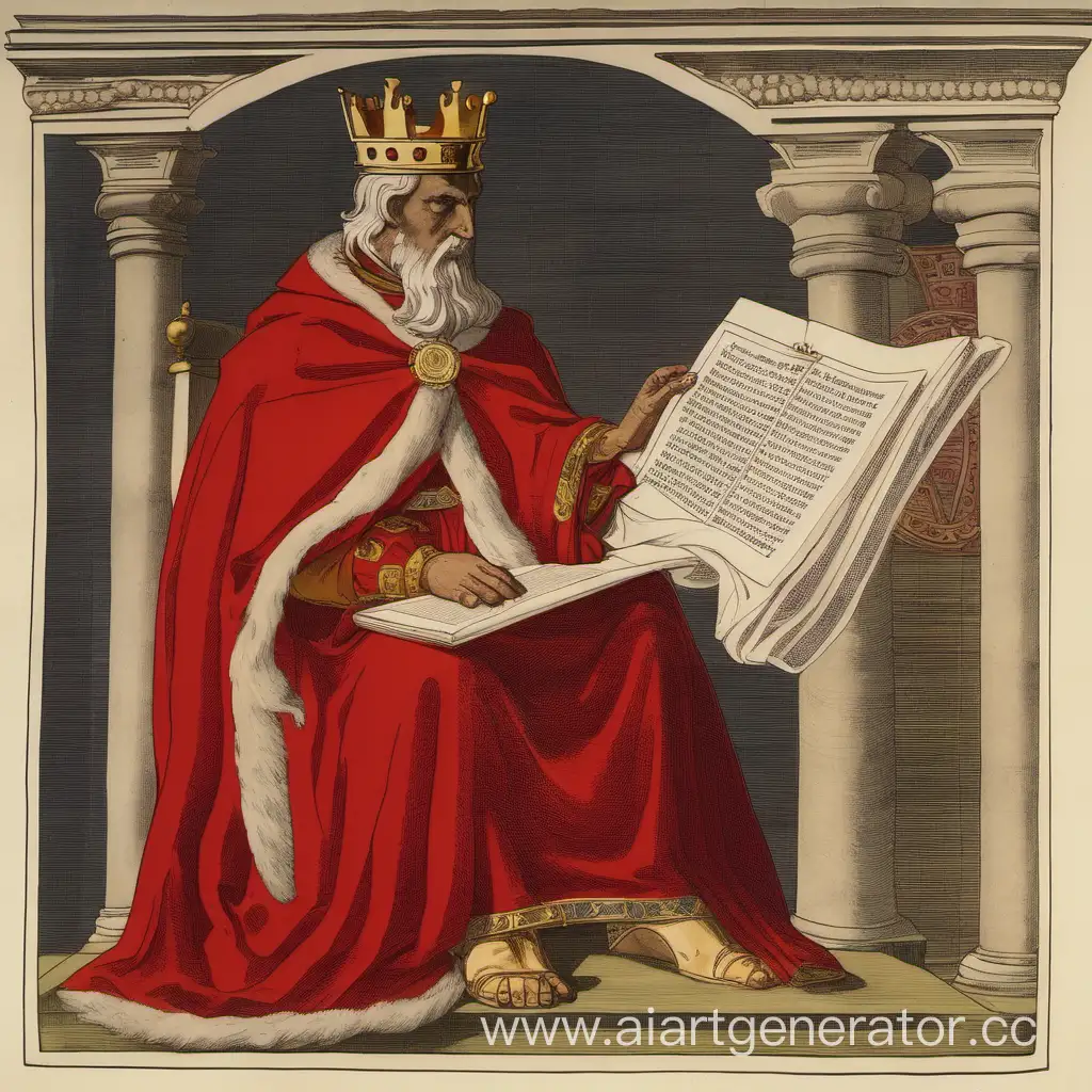 Король читает новый закон в развёрнутом свитке. Король одет в красную мантию.