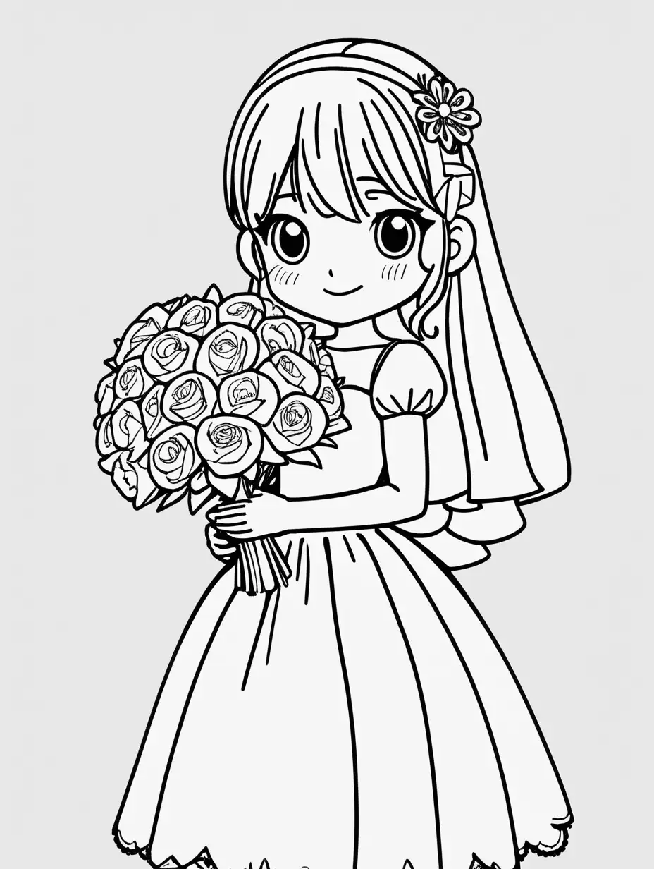 Joyful Bride with Adorable Bouquet in Minimalist Kawaii Style
