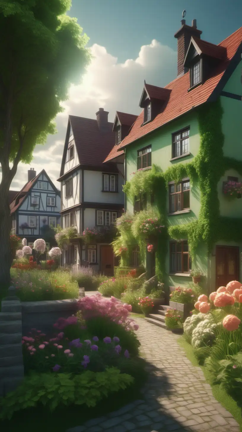the enchanting neighbourhood of a cozy small town in countryside of interwar old English houses. blooming. flowers. lush green. best quality. masterpiece. mystical sky and situation in the morning with some sunlight. sharp. very detailed. full shot. octane render. niji v5. realistic.