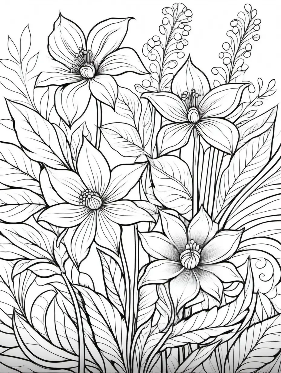 coloring page, floras, white background, black bold line,  clean line art, fine line art, full page, edge to edge --HD --AR 2:3
