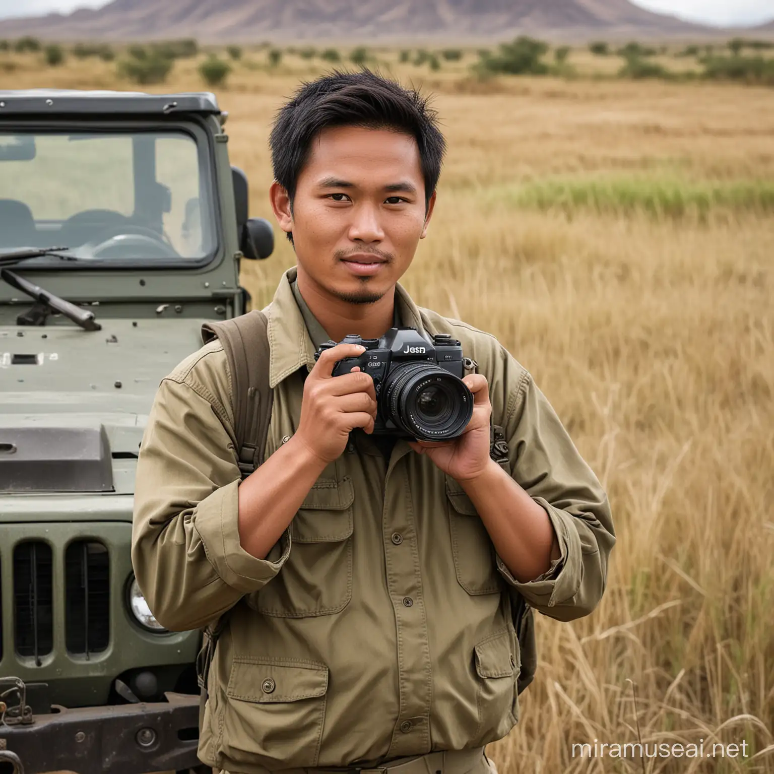 Real image, an Indonesian man with a clean, little chubby face, handsome face holding a camera with a telephoto lens, dressed in field clothes, with a jeep in the background in a grassland and sand, photographed at a distance of 5 meters by a professional photographer