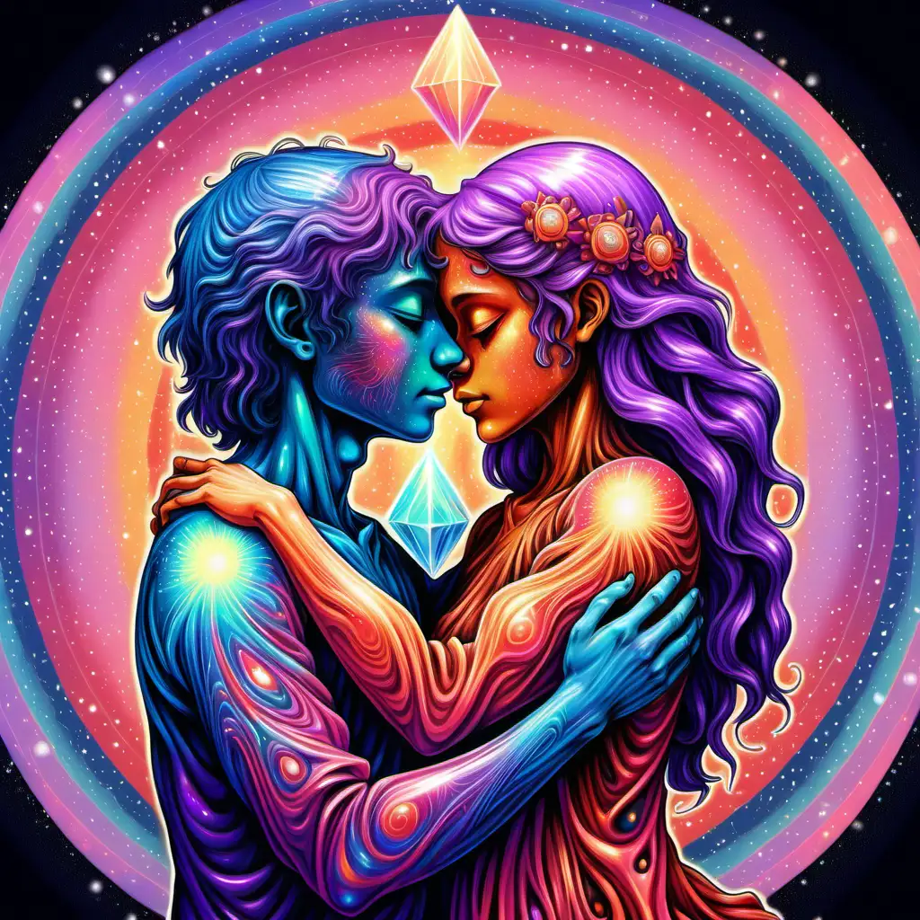 Psychedelic Couple Embraces in Crystal Child Twin Flame Reconciliation Hug