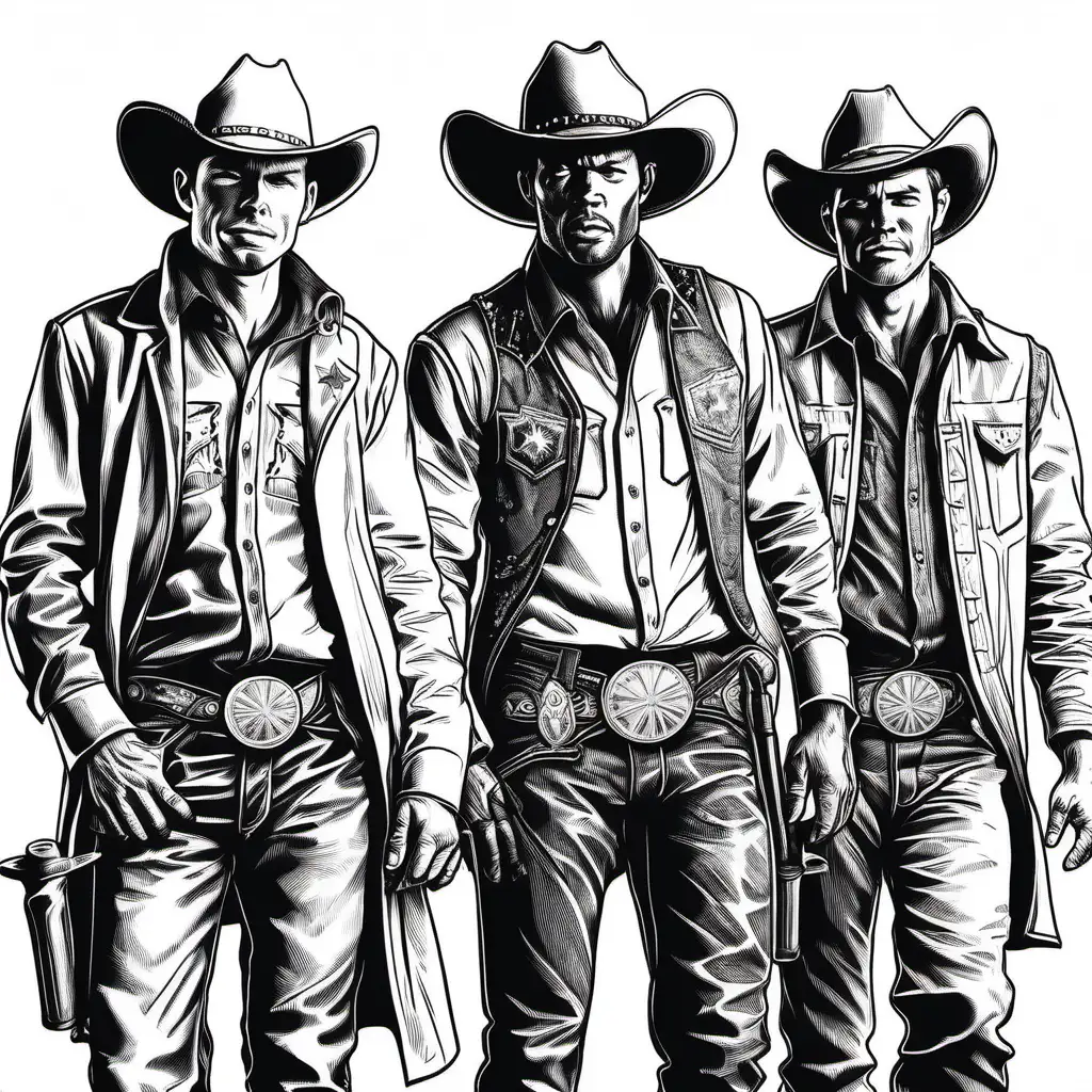 cowboys, black and white line drawing