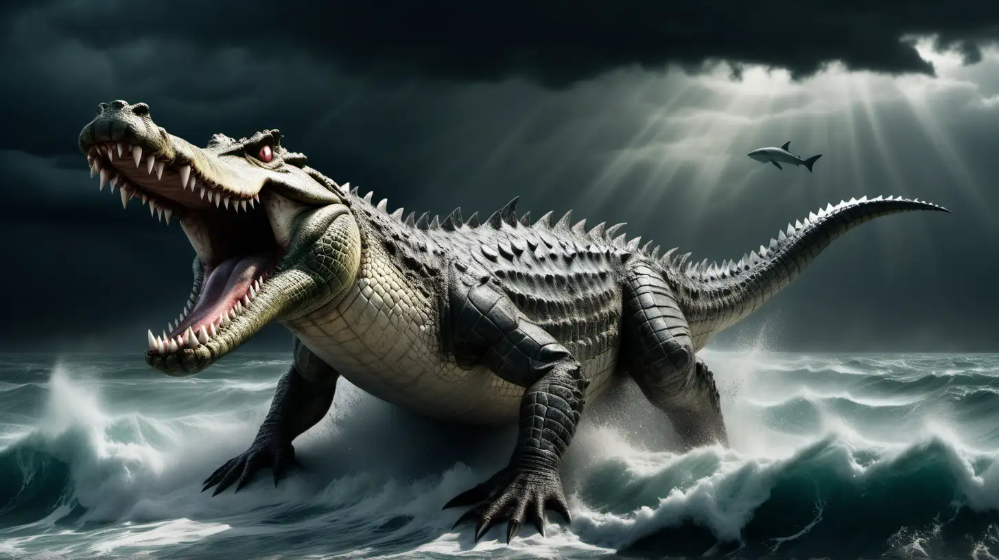 Fierce Giant Crocodile Battling in Turbulent Sea Under Stormy Sky