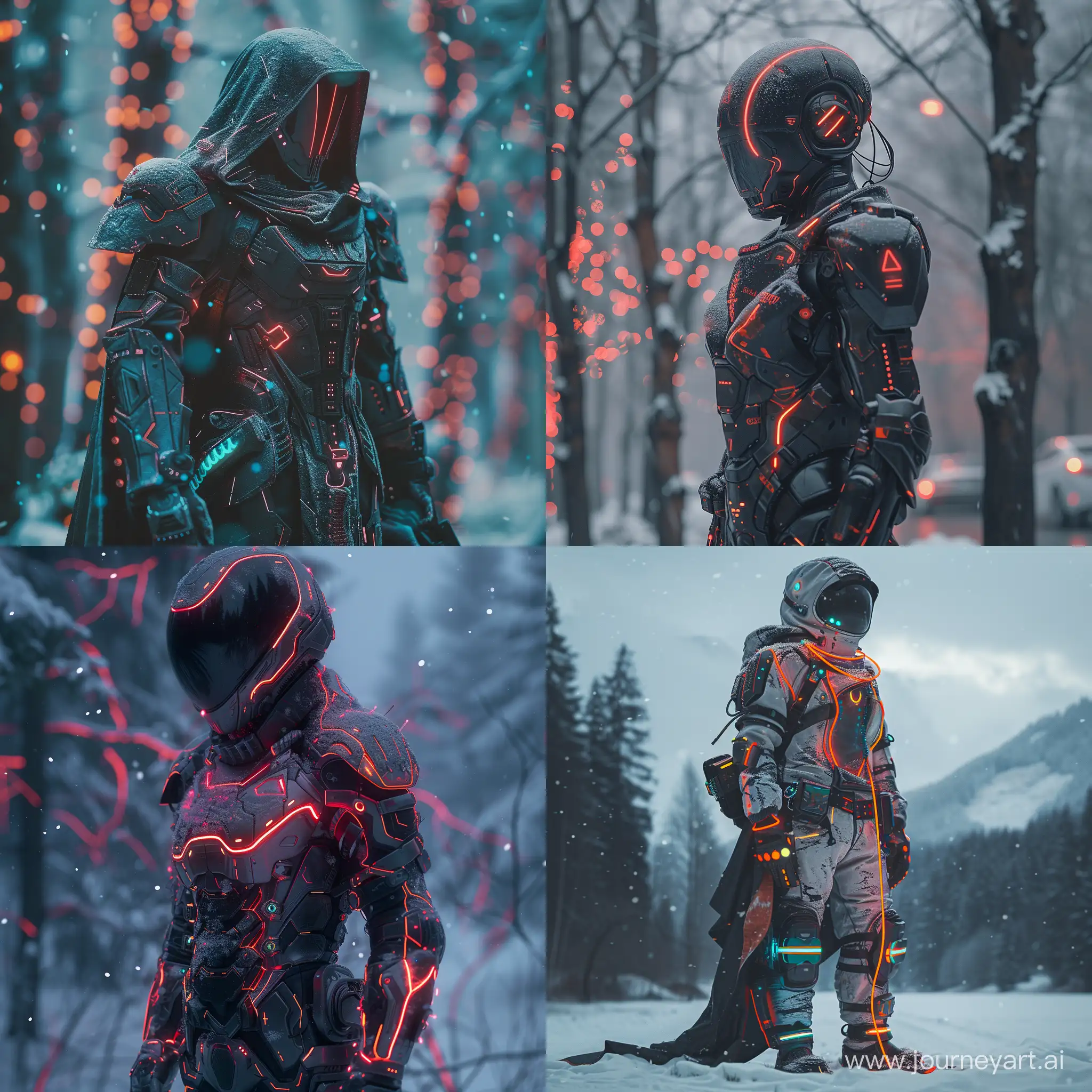 Standing Cyberpunk Knight with neon accents, winter, in the style of laura makabresku, joel sternfeld, painterly realism, cinematic view , intricate details and textures--ar 7:12 --v 6.0 --style raw --s 250