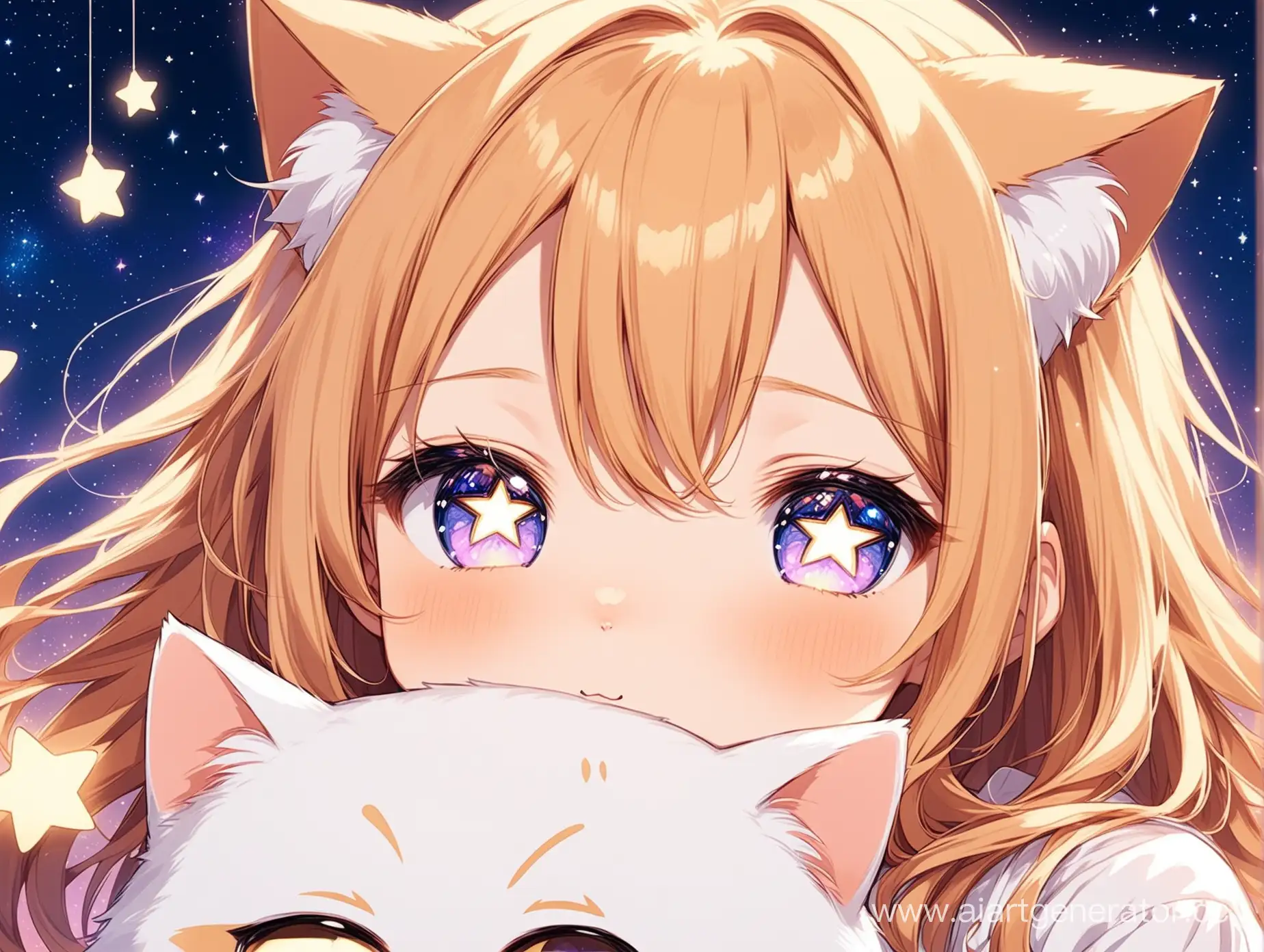 Anime character, girl cat in dream, star in eyes and cute face