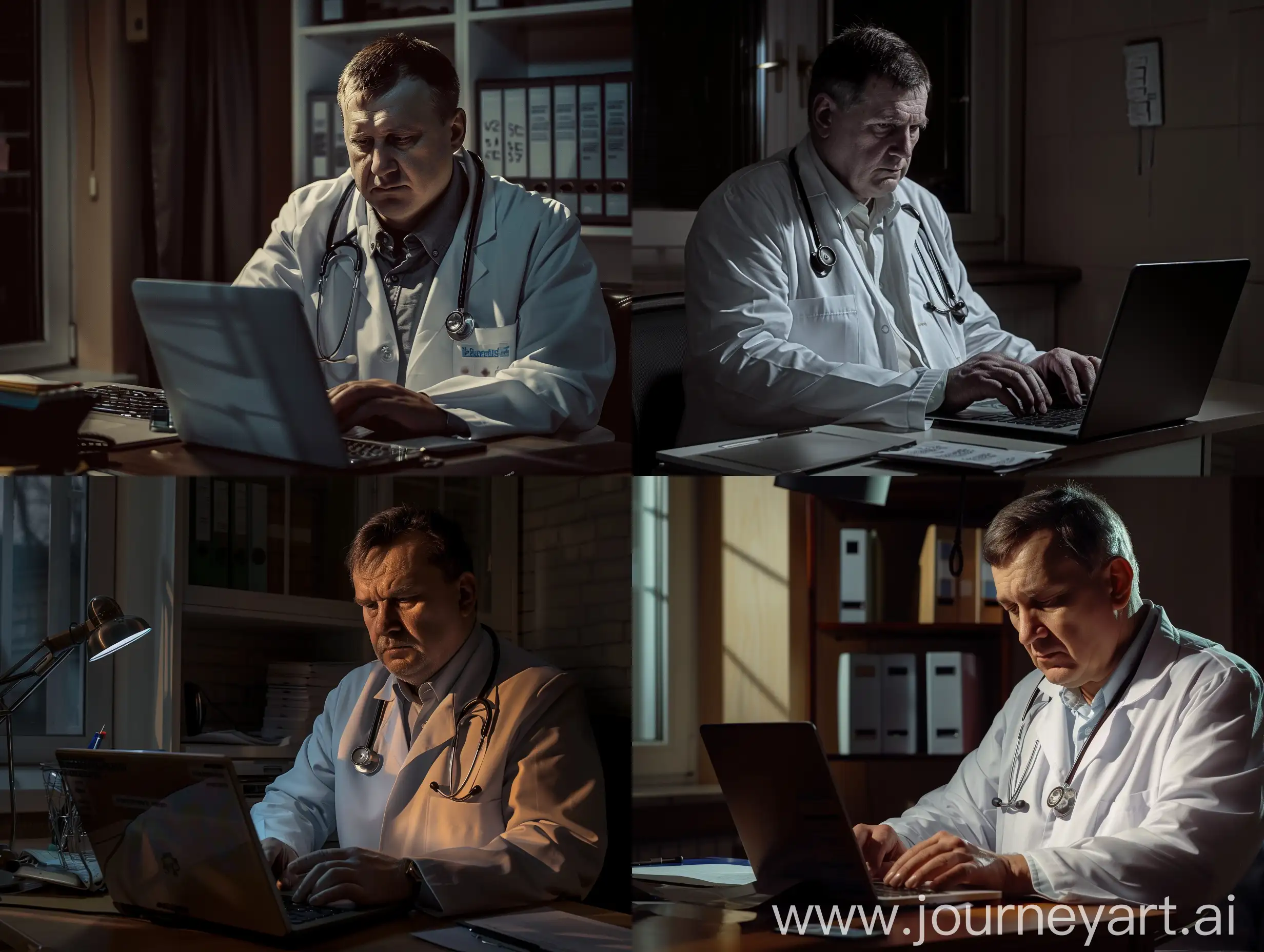 Фотореалистичная фотография  на которой русский врач сидит в кабинете и изучает отзывы о своей работе в сети интернет через ноутбук, детализация, темный свет, полумрак, детали
