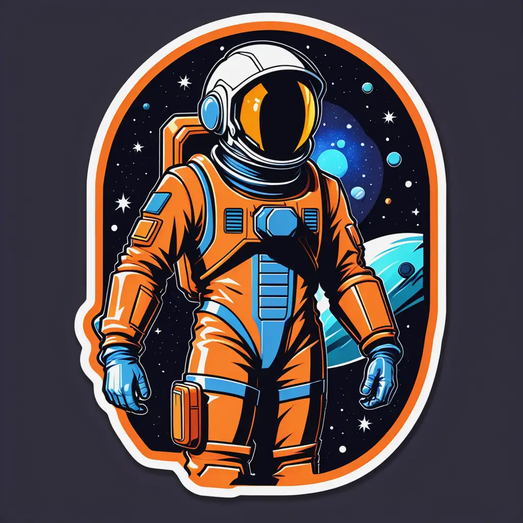 die cut sticker design of A space miner in space suit in the style of cowboy bebop on dark background