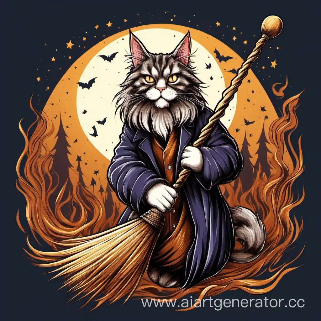 Maine-Coon-Cat-Riding-Broomstick-Domik-Babi-Jagi-Logo-Design
