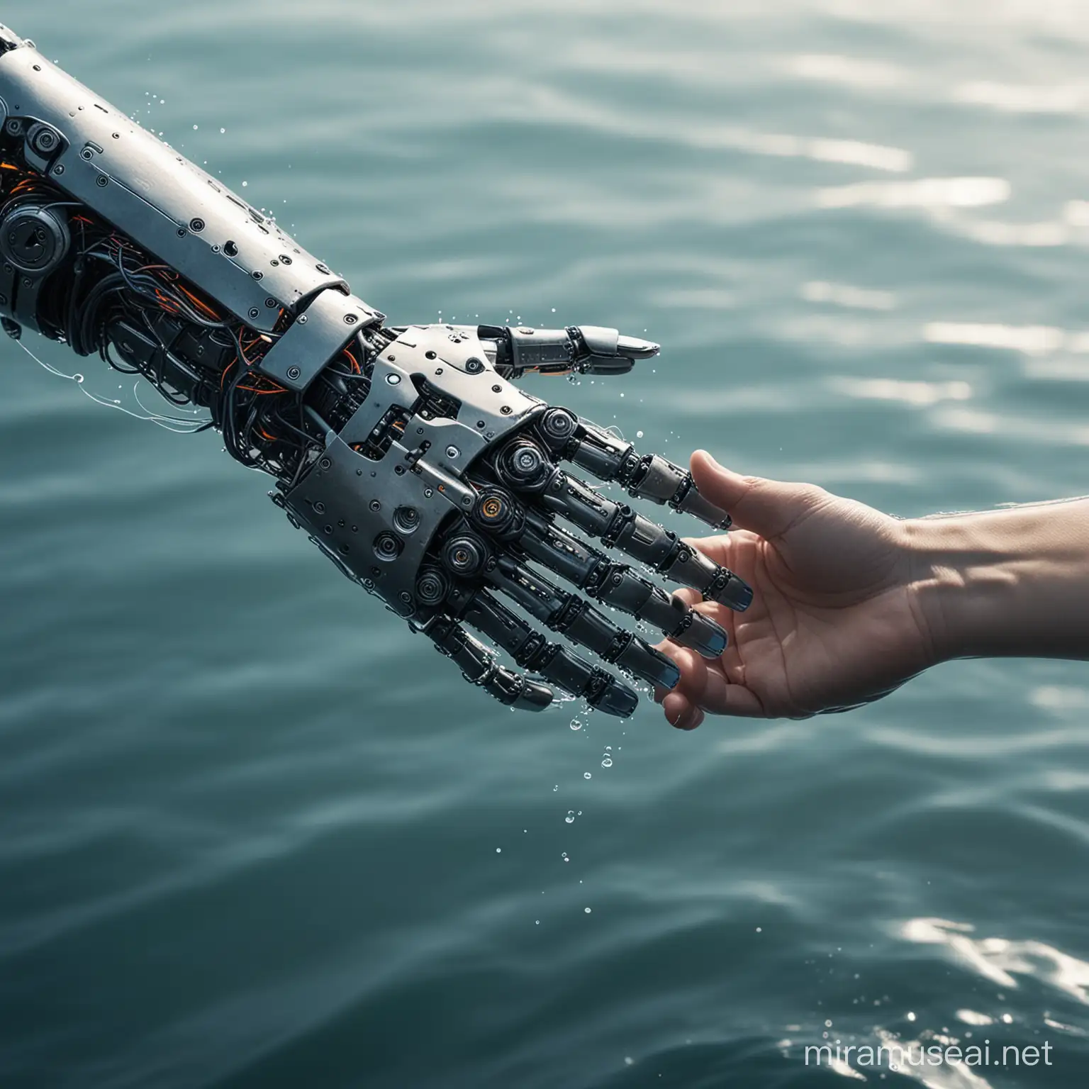 Hand eines Roboters schüttelt die Hand eines Menschen, Hintergrund Wasser

