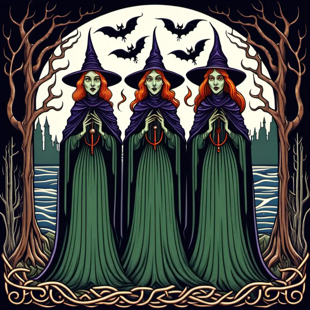 3 witches from Macbeth in the style of Ivan Bilibin
