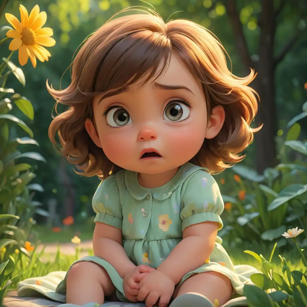 Create a 3D illustrator of an animated image of beautiful girl baby sitting with a sad face in the park garden. Beautiful, colourful background illustrations.