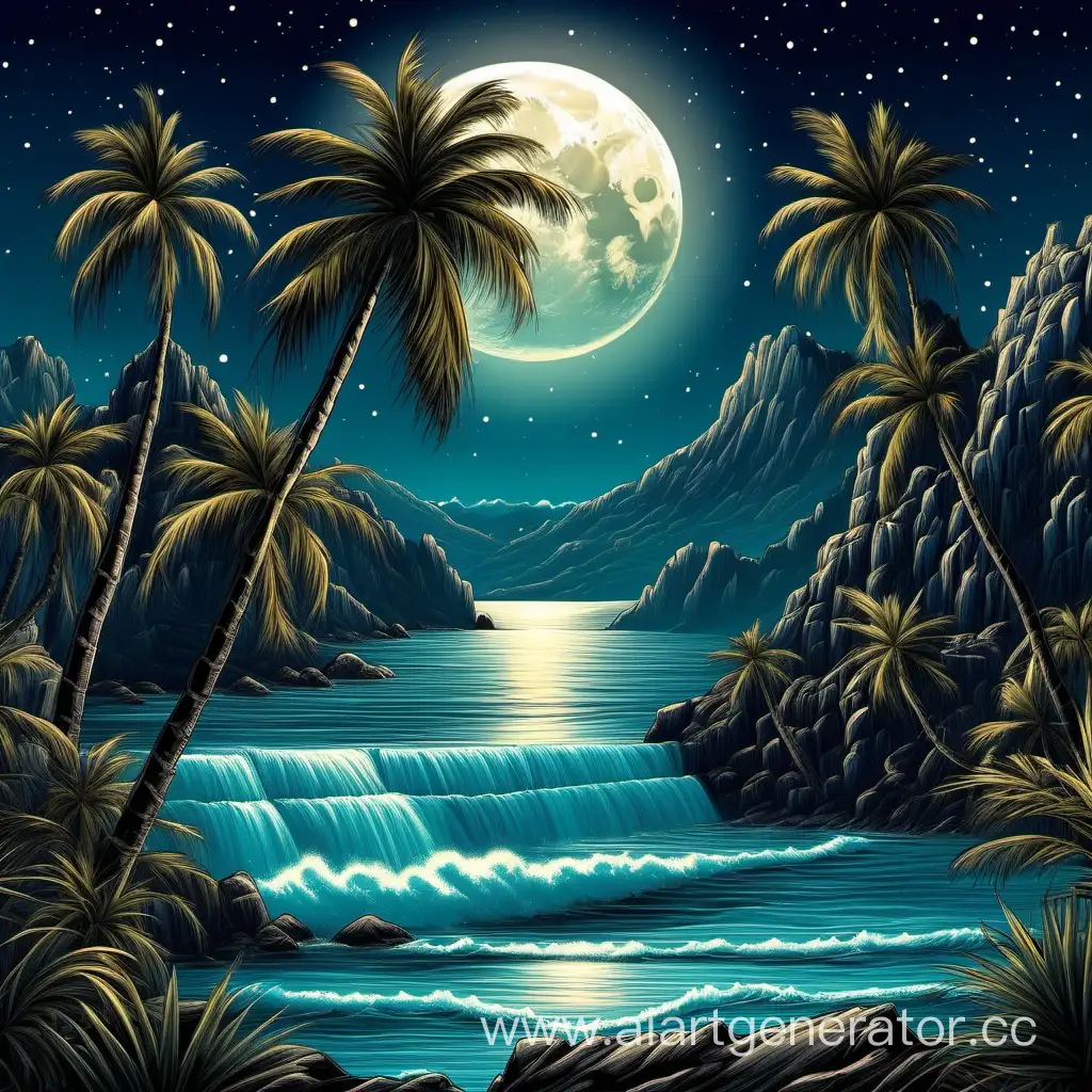Serene-Night-Seascape-with-Moonlit-Waterfall-and-Palm-Trees