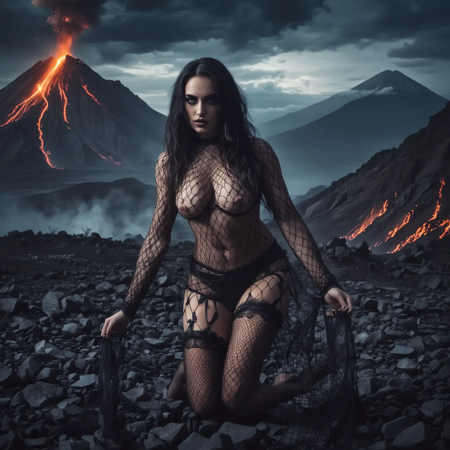 Demone donna in calze a rete autoreggenti, 
Sfondo un vulcano, notte , moraocchi azzurri